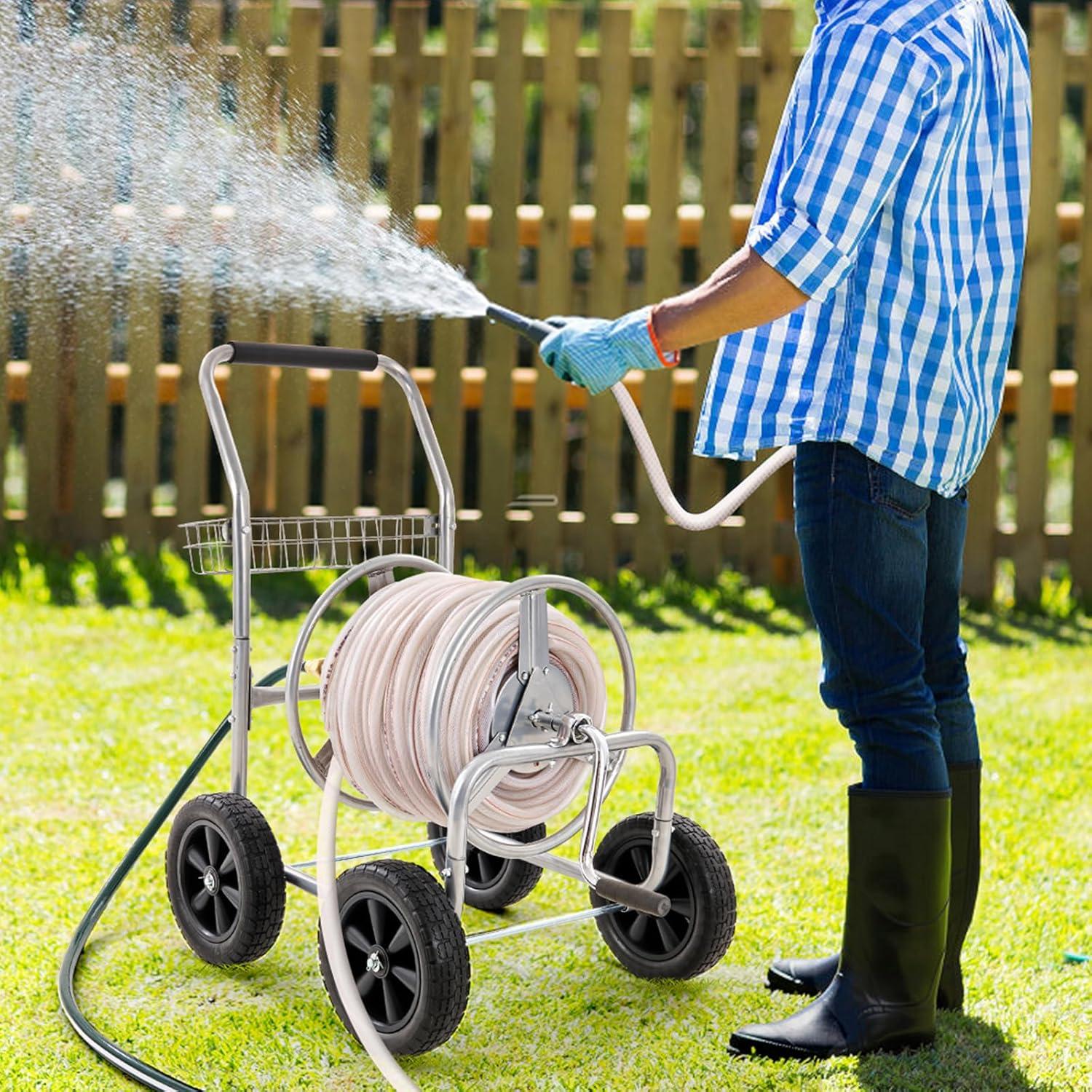 image:imageVEVOR Hose Reel Cart Hold Up to 250 ft of 58 Hose Garden Water Hose Carts Mobile Tools with 4 Wheels Heavy Duty PowderCoated Steel Outdoor Planting with Storage Basket for Garden Yard Lawn250 ft