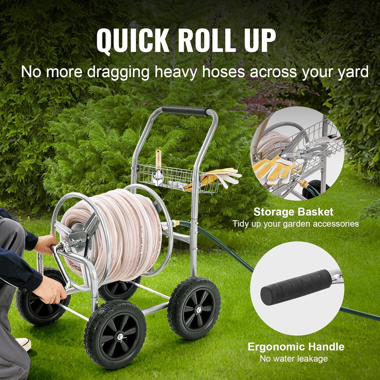 image:imageVEVOR Hose Reel Cart Hold Up to 250 ft of 58 Hose Garden Water Hose Carts Mobile Tools with 4 Wheels Heavy Duty PowderCoated Steel Outdoor Planting with Storage Basket for Garden Yard Lawn250 ft