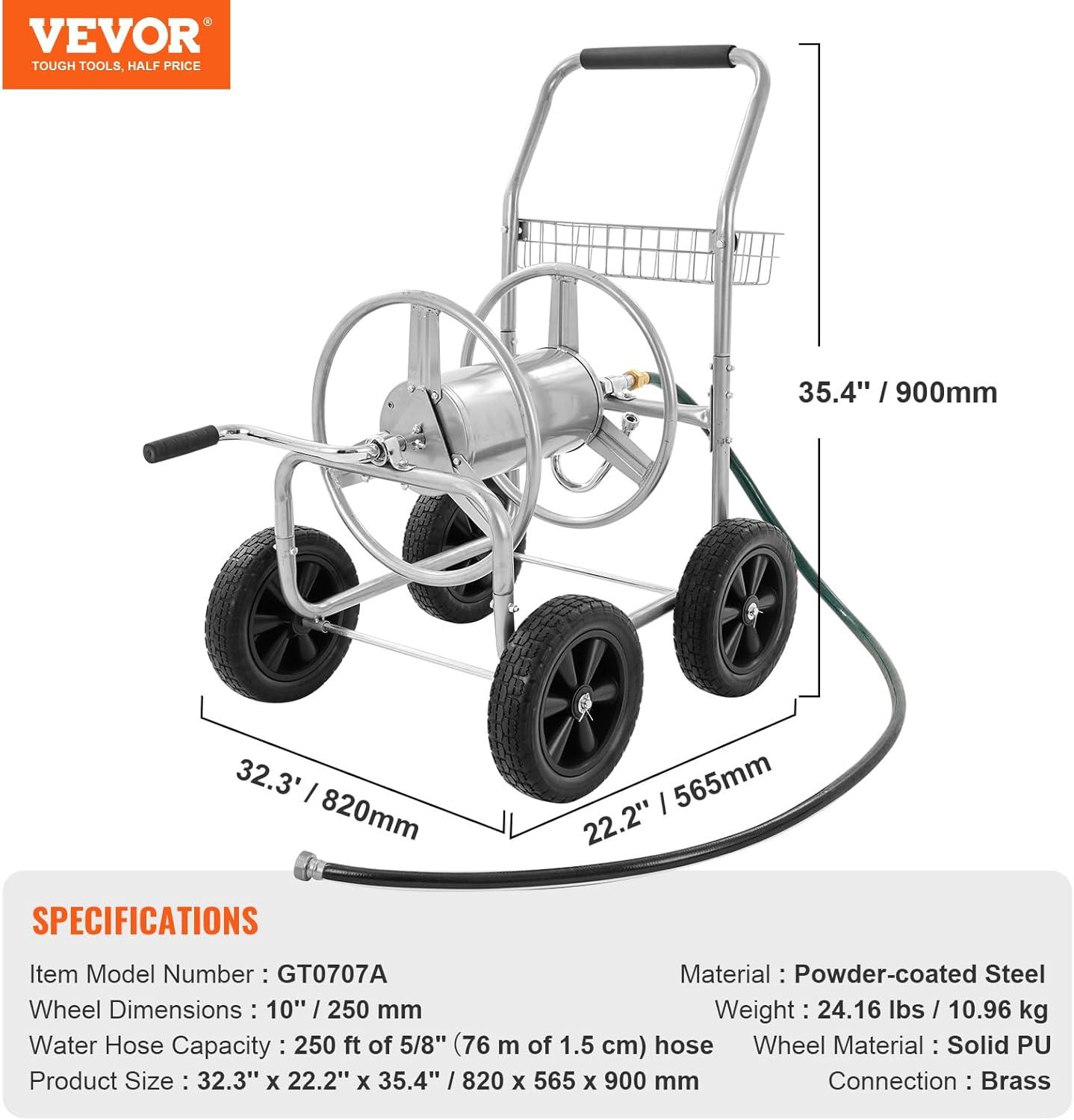 image:imageVEVOR Hose Reel Cart Hold Up to 250 ft of 58 Hose Garden Water Hose Carts Mobile Tools with 4 Wheels Heavy Duty PowderCoated Steel Outdoor Planting with Storage Basket for Garden Yard Lawn250 ft
