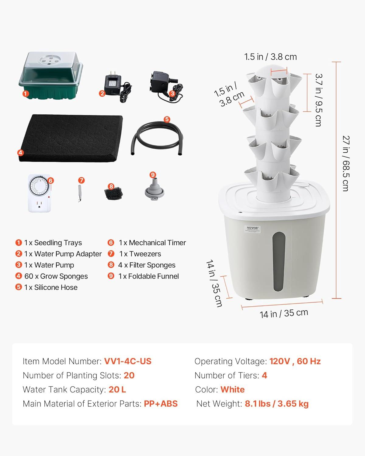 image:imageVEVOR Hydroponic Tower 20 Pods 4 Tiers Hydroponics Growing System Kit Vertical Home Hydronic Garden with 20L Water Tank amp Pump Planter Plants Germination Kit for Indoor Herbs Fruits Vegetables