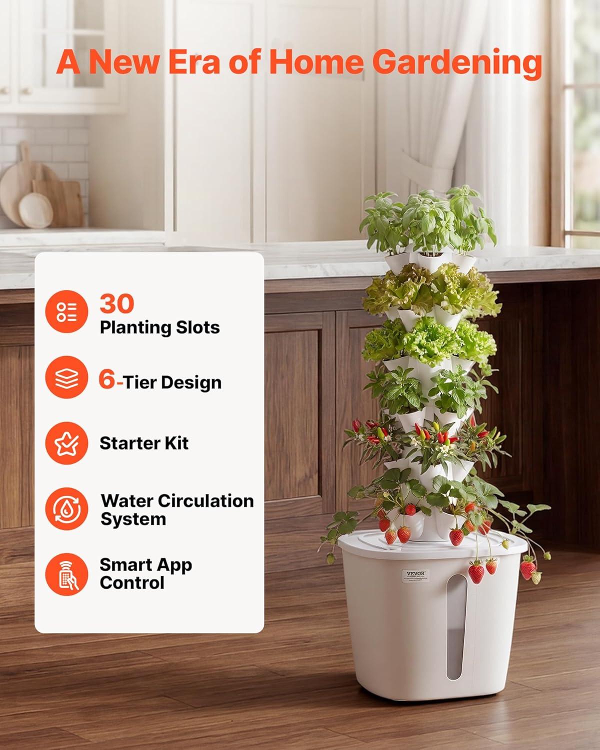 image:imageVEVOR Hydroponic Tower 30 Pods 6 Tiers Hydroponics Growing System Kit with App Control Vertical Home Garden with 20L Water Tank amp Pump Planter Germination Kit for Indoor Herbs Fruits Vegetables