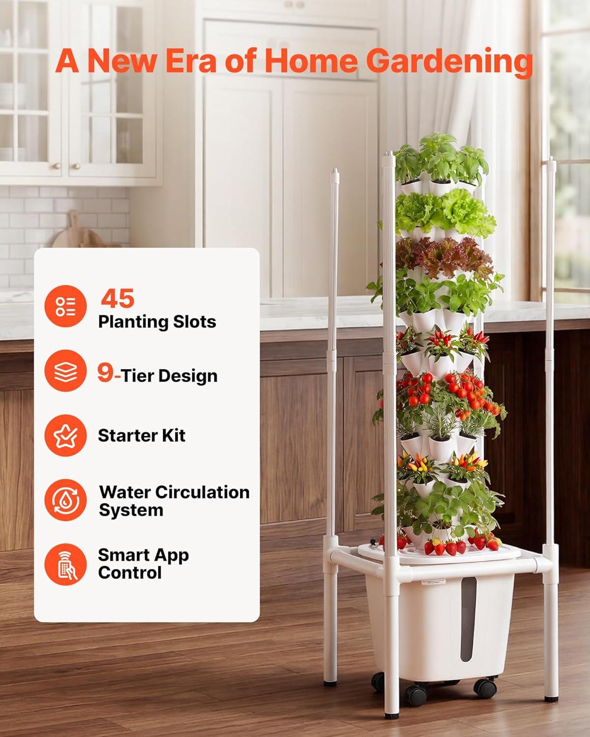 image:imageVEVOR Hydroponic Tower 45 Pods 9 Tiers Hydroponics Growing System Kit with LED Grow Light App Control amp Casters Vertical Home Garden with 20L Water Tank amp Pump for Indoor Herbs Fruits Vegetables