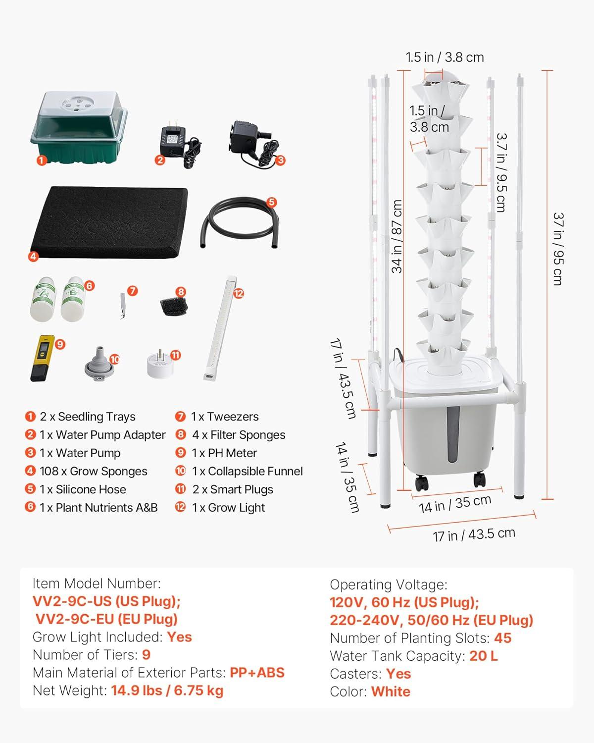 image:imageVEVOR Hydroponic Tower 45 Pods 9 Tiers Hydroponics Growing System Kit with LED Grow Light App Control amp Casters Vertical Home Garden with 20L Water Tank amp Pump for Indoor Herbs Fruits Vegetables