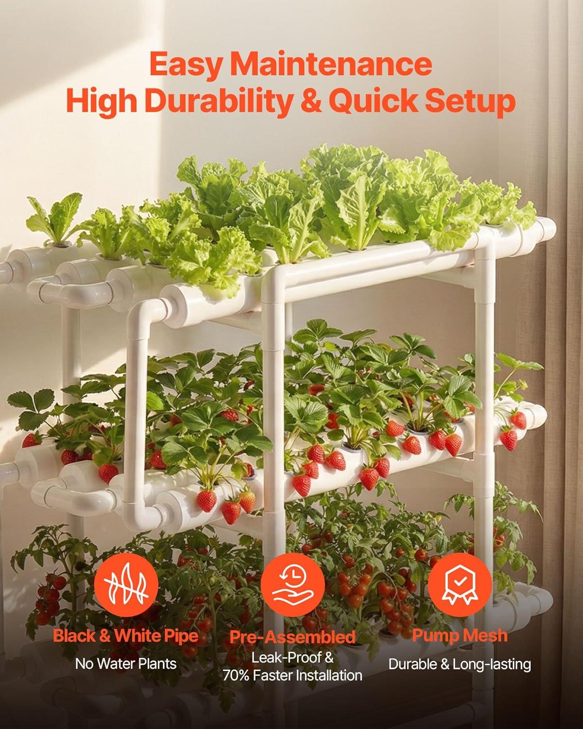 image:imageVEVOR Hydroponics Growing System Kit 3Tier 108 Sites UPVC Pipe Hydroponic Grow Kit with Timed Irrigation Thickened Hydroponic Pipes Indoor Home Garden Vegetable Planting Grow Kits for Fruit HerbBlack White Premium Version