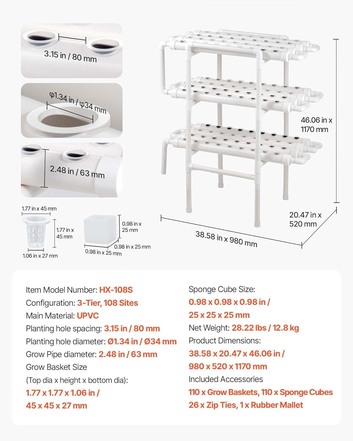 image:imageVEVOR Hydroponics Growing System Kit 3Tier 108 Sites UPVC Pipe Hydroponic Grow Kit with Timed Irrigation Thickened Hydroponic Pipes Indoor Home Garden Vegetable Planting Grow Kits for Fruit HerbBlack White Premium Version