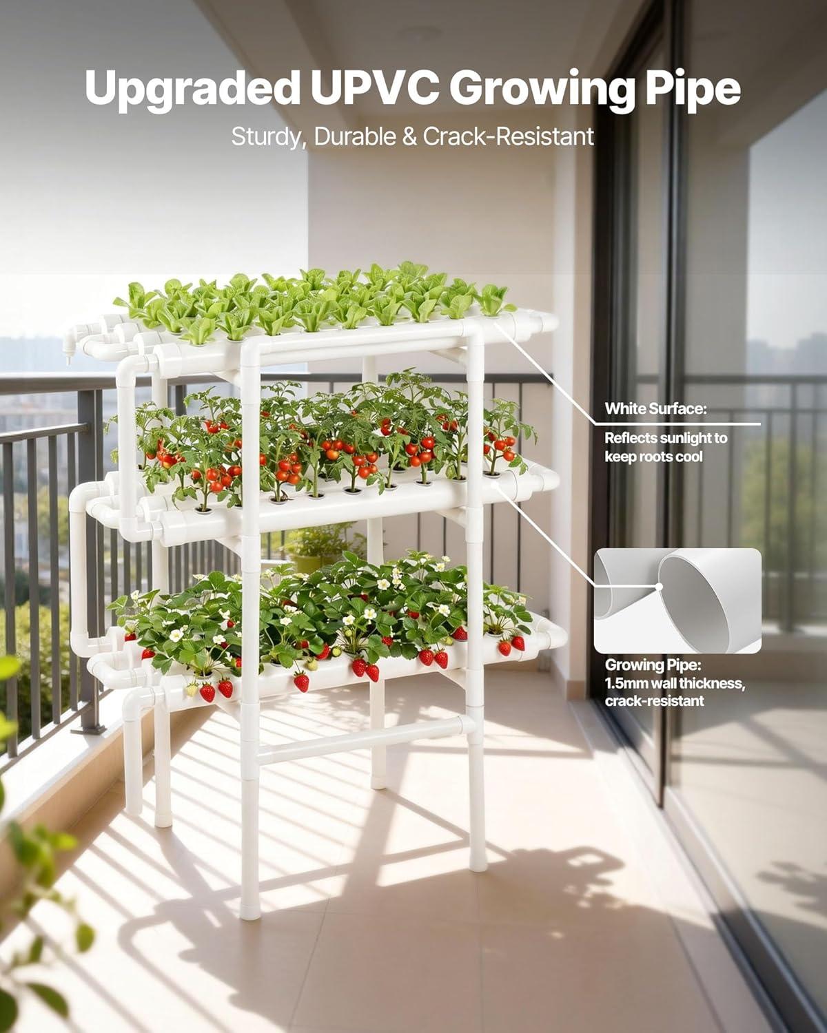 image:imageVEVOR Hydroponics Growing System Kit 3Tier 108 Sites UPVC Pipe Hydroponic Grow Kit with Timed Irrigation Thickened Hydroponic Pipes Indoor Home Garden Vegetable Planting Grow Kits for Fruit HerbWhite Standard Version
