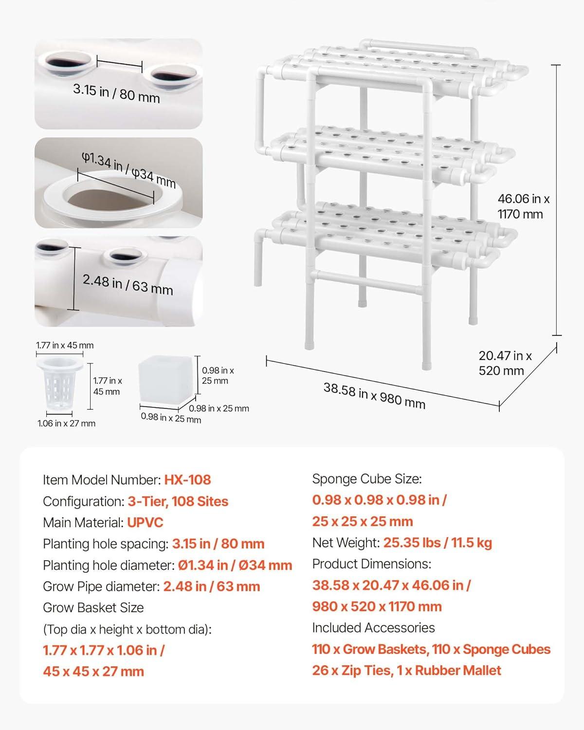 image:imageVEVOR Hydroponics Growing System Kit 3Tier 108 Sites UPVC Pipe Hydroponic Grow Kit with Timed Irrigation Thickened Hydroponic Pipes Indoor Home Garden Vegetable Planting Grow Kits for Fruit HerbWhite Standard Version