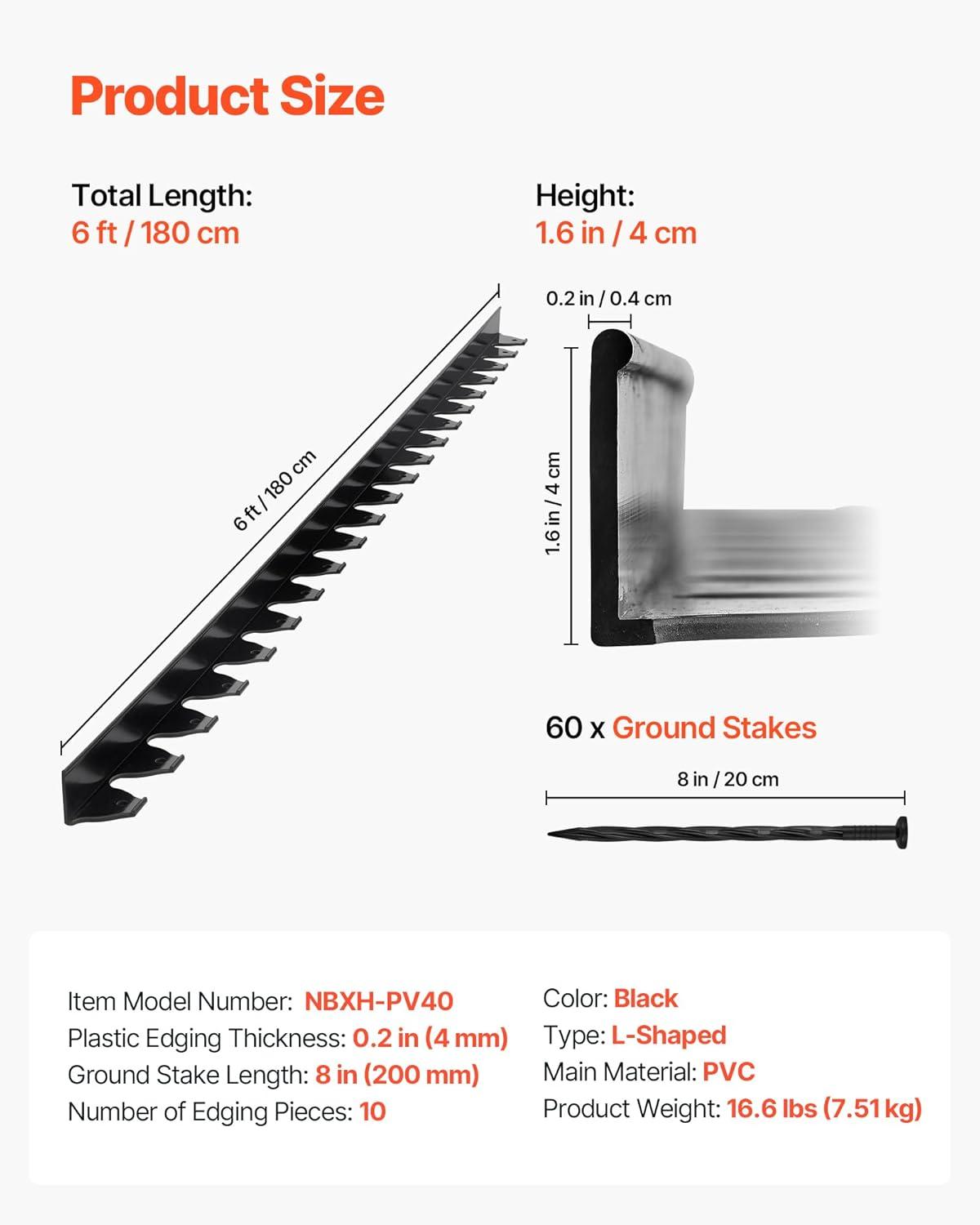 image:imageVEVOR Landscape Edging 20 ft x 2 in Plastic Garden Border Edging with 20 Spikes No Dig Flexible Lawn Edgings Roll UVResistant Mini Fence Borders Pathway Edgings for Flower Beds Yard Paver60ft17inLshaped