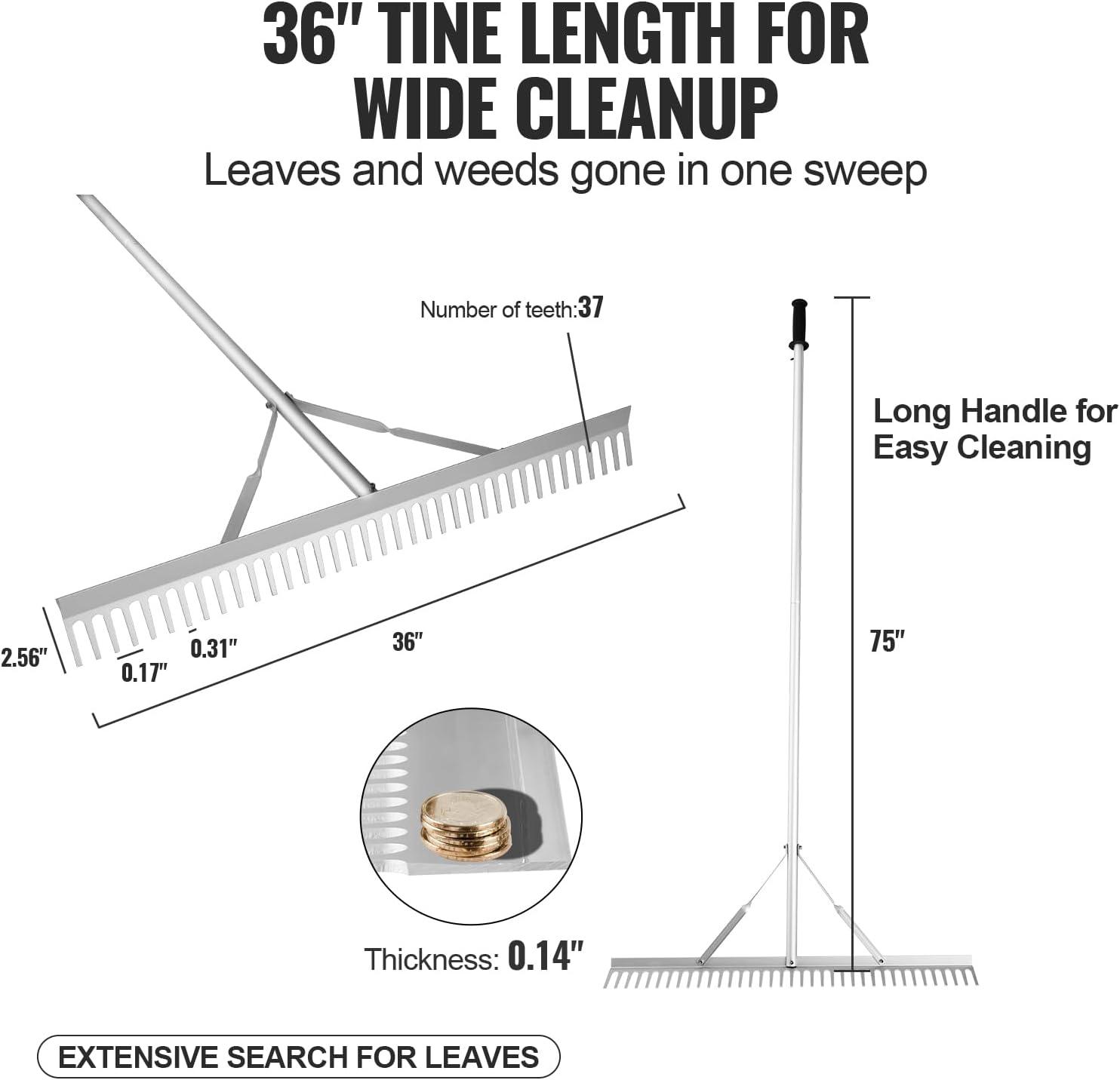 image:imageVEVOR Landscape Rake 36 Head Aluminum Lake Weed Rake with 75 Long Handle for Loosening Soil Lawn Care Weeding Lake Garden Silver75 inch