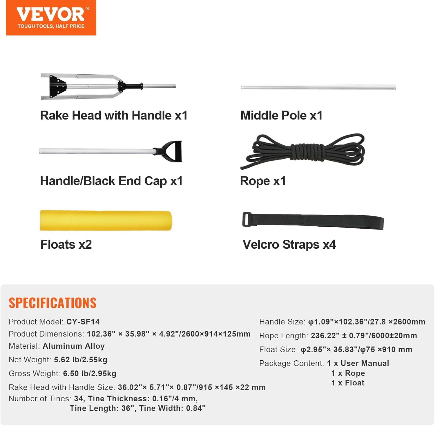 image:imageVEVOR Landscape Rake 36 inch Wide Head 133 inch Handle Large Heavy Duty Aluminum Landscaping Leaf Rake Tool Asphalt Level for Loosening Soil Garden amp Yard Pond Gravel amp Beach Lawn Care 52ft Rope10236 inch