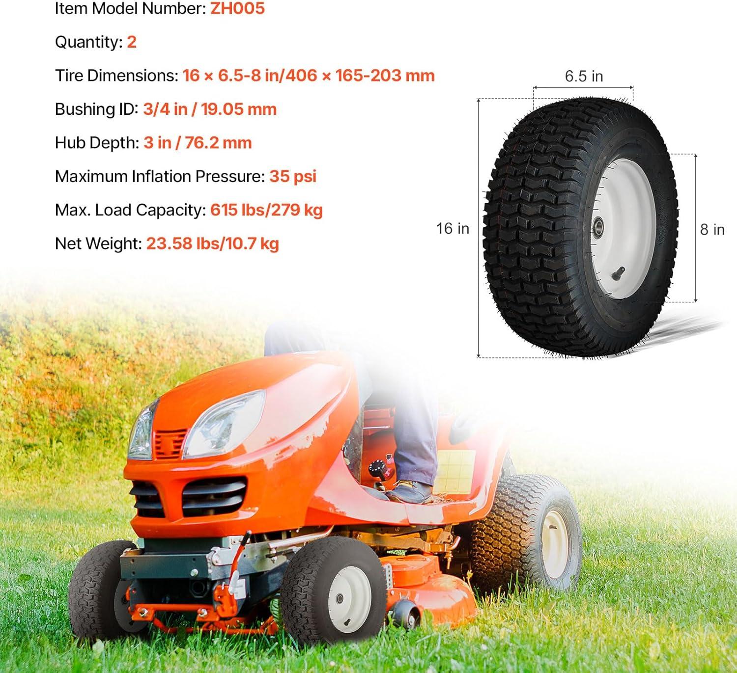 image:imageVEVOR Lawn Mower Tires 16x658 in Tubeless Tractor Tires with Rim 2 Pack Tire amp Wheel 3 in Offset Hub Turf Pneumatic Tires 34 in Bushing Size 16 PCS Adapters for Riding Mower Lawn TractorTubeless with Rim