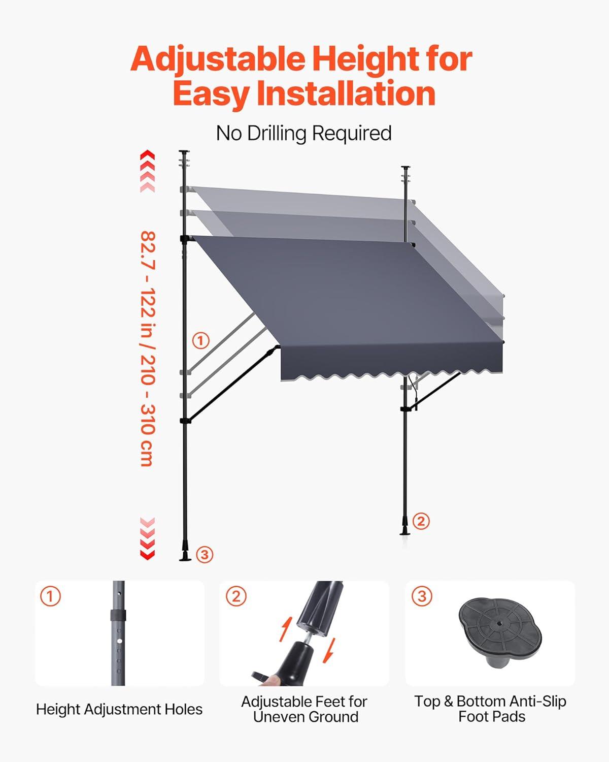 image:imageVEVOR Manual Retractable Awning 78 Outdoor Retractable Patio Awning Sunshade Shelter Height Adjustable Patio Door Window Canopy with Manual Crank Handle for Backyard Garden Balcony Dark Gray