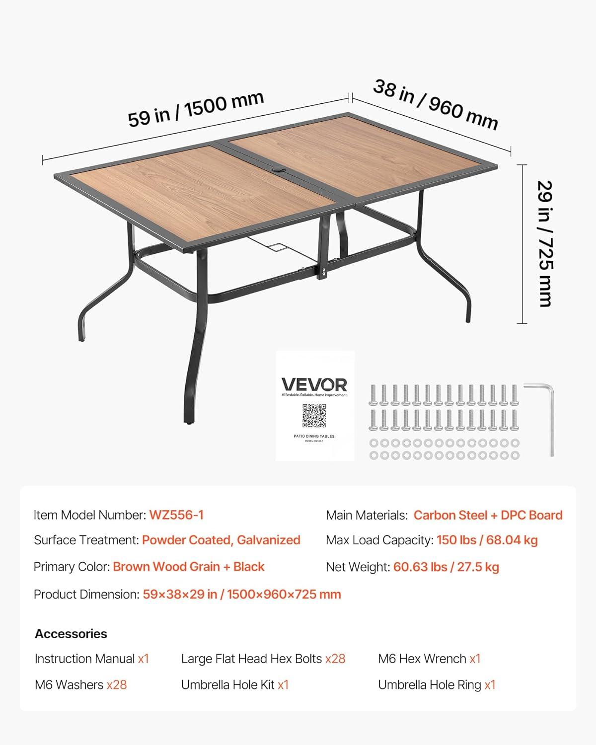 image:imageVEVOR Outdoor Patio Dining Table 37 inch Square Metal Steel Slat Backyard Bistro Tables with 15 in Umbrella Hole Outside AllWeather Large Furniture for Lawn Garden Porch Black59 inchWoodLike Steel