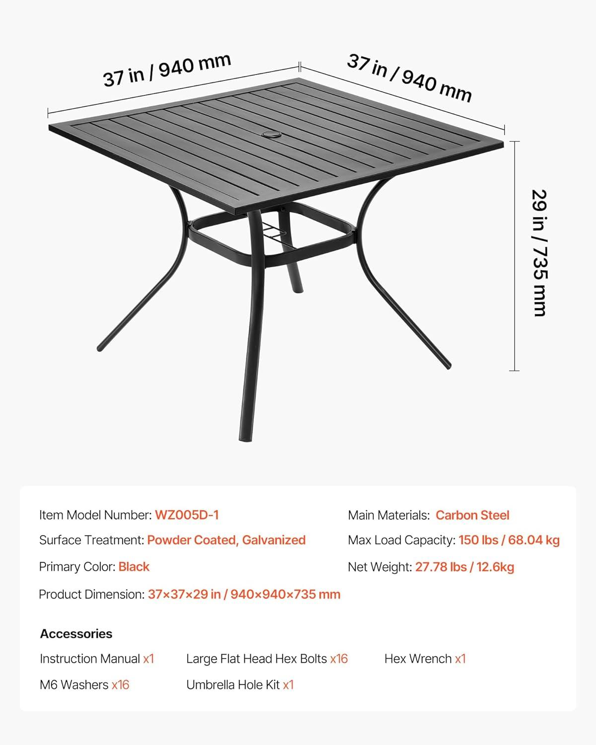 image:imageVEVOR Outdoor Patio Dining Table 37 inch Square Metal Steel Slat Backyard Bistro Tables with 15 in Umbrella Hole Outside AllWeather Large Furniture for Lawn Garden Porch Black37 inch