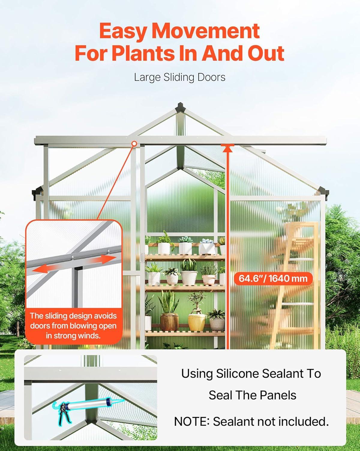 image:imageVEVOR Polycarbonate Greenhouse 6 x 4 Ft Outdoor Greenhouse with Adjustable Vent Windows Pavilion Styled Green House with Sliding Door Aluminum Large Walkin Greenhouses Kit for Garden Backyard