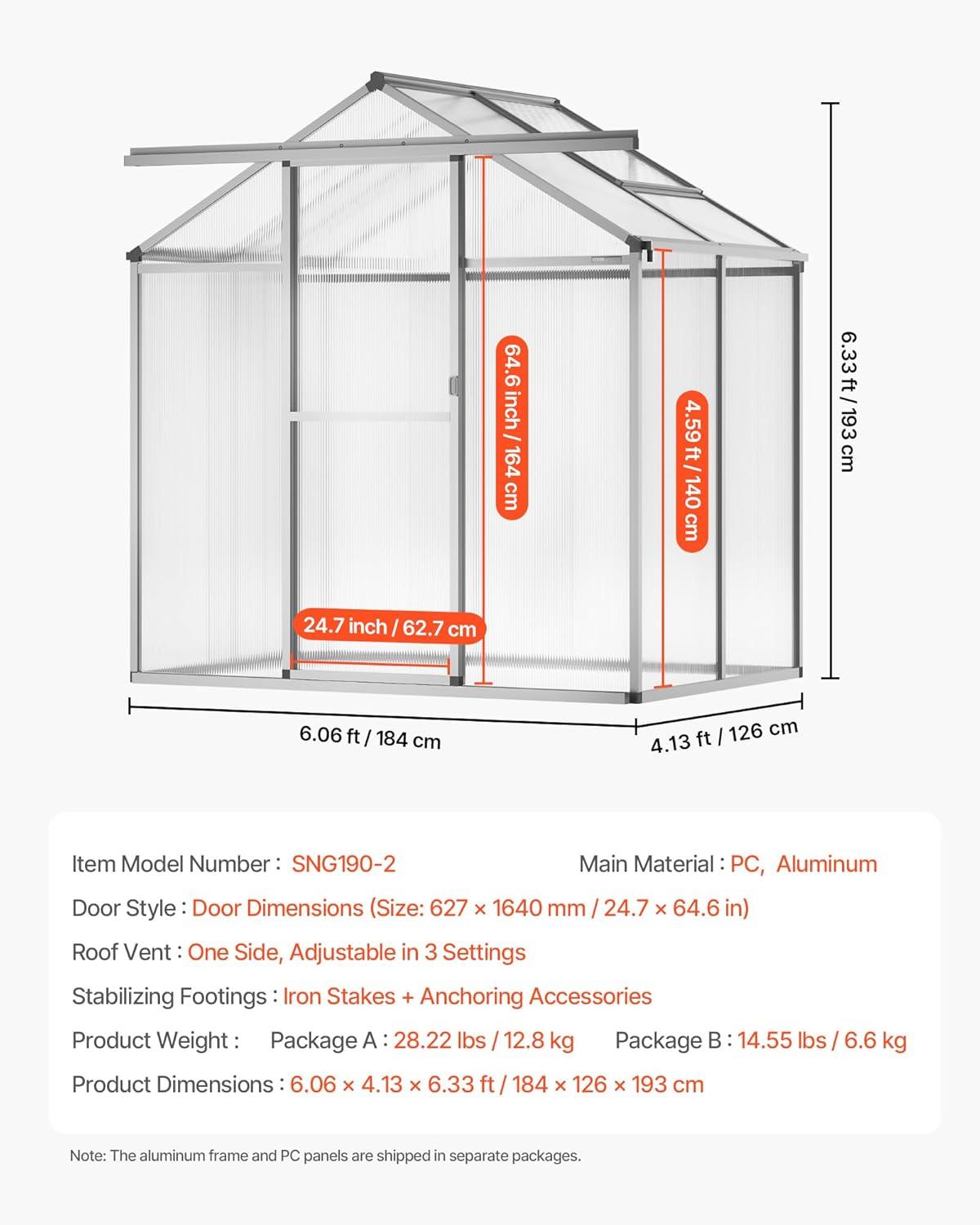 image:imageVEVOR Polycarbonate Greenhouse 6 x 4 Ft Outdoor Greenhouse with Adjustable Vent Windows Pavilion Styled Green House with Sliding Door Aluminum Large Walkin Greenhouses Kit for Garden Backyard