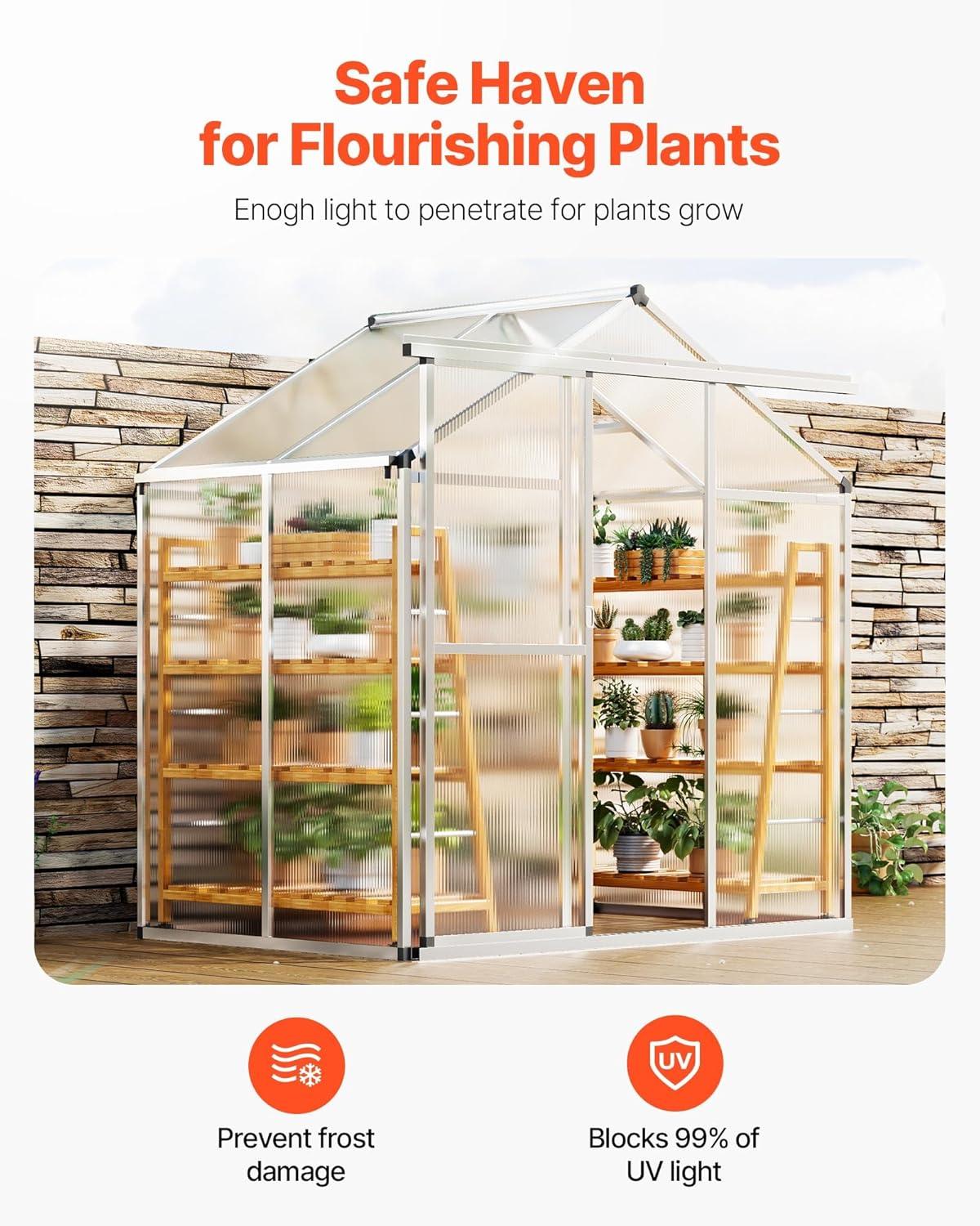 image:imageVEVOR Polycarbonate Greenhouse 6 x 4 Ft Outdoor Greenhouse with Adjustable Vent Windows Pavilion Styled Green House with Sliding Door Aluminum Large Walkin Greenhouses Kit for Garden Backyard