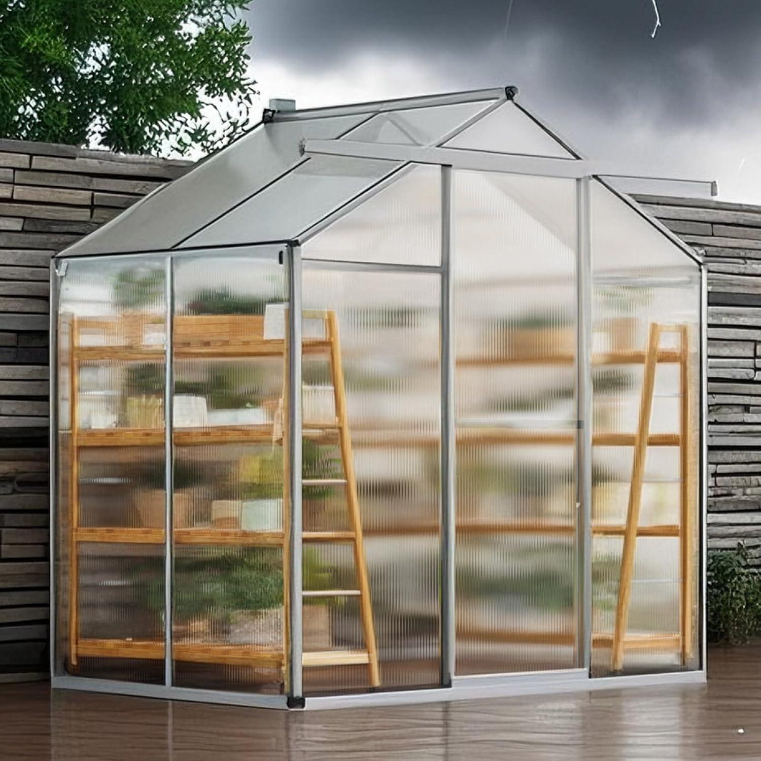 image:imageVEVOR Polycarbonate Greenhouse 6 x 4 Ft Outdoor Greenhouse with Adjustable Vent Windows Pavilion Styled Green House with Sliding Door Aluminum Large Walkin Greenhouses Kit for Garden Backyard