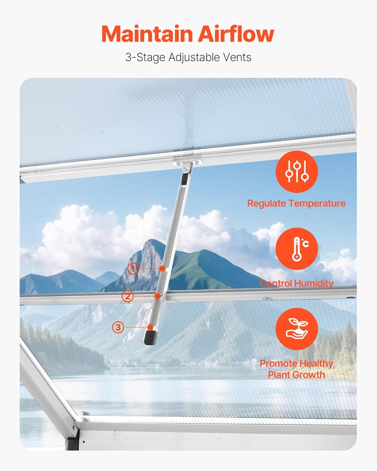image:imageVEVOR Polycarbonate Greenhouse 6 x 4 Ft Outdoor Greenhouse with Adjustable Vent Windows Pavilion Styled Green House with Sliding Door Aluminum Large Walkin Greenhouses Kit for Garden Backyard