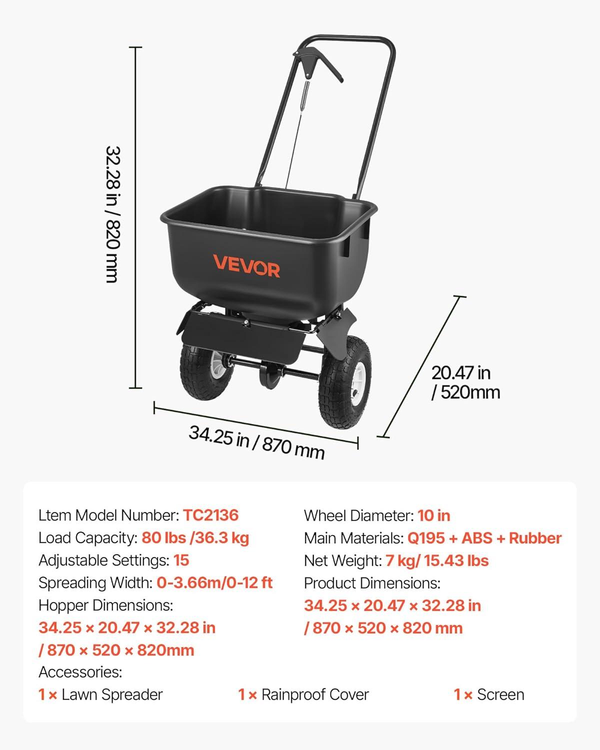 image:imageVEVOR Push Lawn Spreader 12ft Spreading Width Broadcast Spreader with 80lbs Load Capacity amp 10 in AllTerrain Tires WalkBehind Garden amp Lawn Broadcast Spreaders for Seed Fertilizer Salt Ice Melt