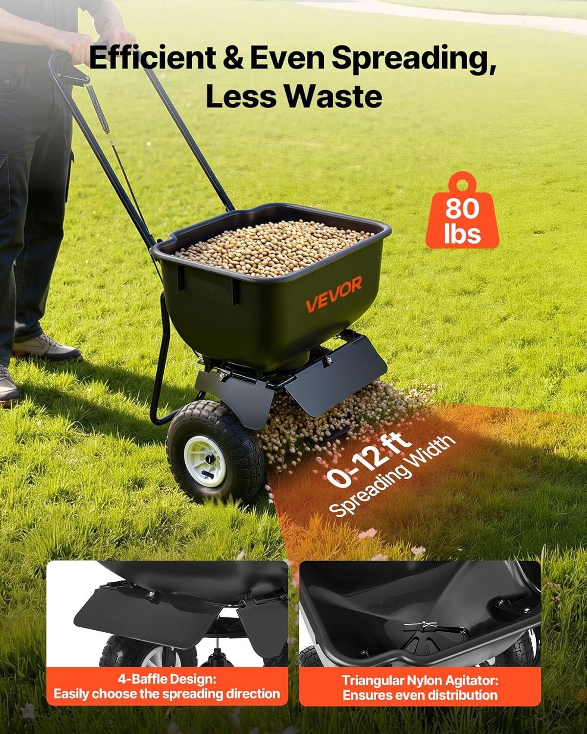 image:imageVEVOR Push Lawn Spreader 12ft Spreading Width Broadcast Spreader with 80lbs Load Capacity amp 10 in AllTerrain Tires WalkBehind Garden amp Lawn Broadcast Spreaders for Seed Fertilizer Salt Ice Melt
