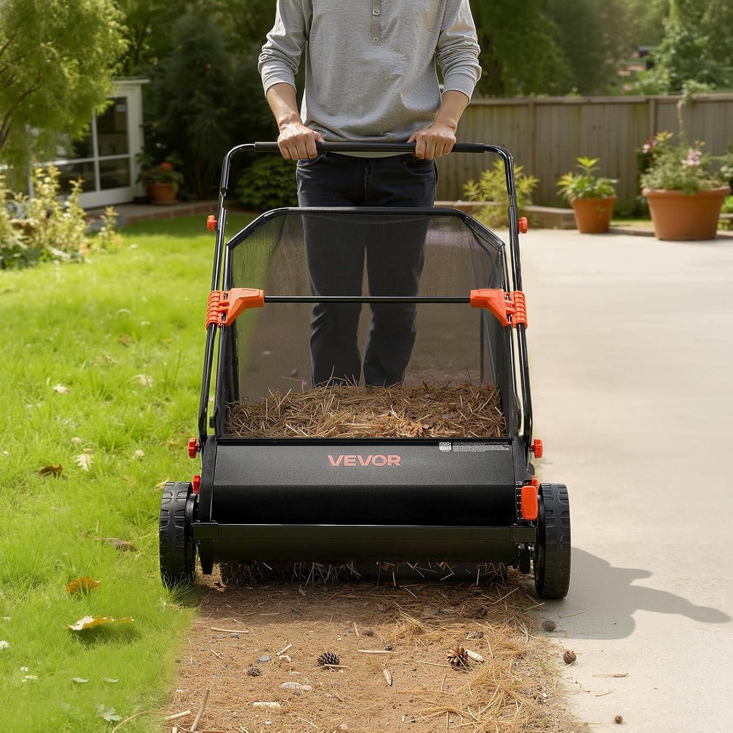 image:imageVEVOR Push Lawn Sweeper 26 in Leaf amp Grass Collector with 7 cu ft Hopper Bag Adjustable Brush Height amp Spinning Brushes Heavy Duty Yard Sweeper with Rubber Wheels for Leaves Grass Cleanup30 inch Upgraded Version