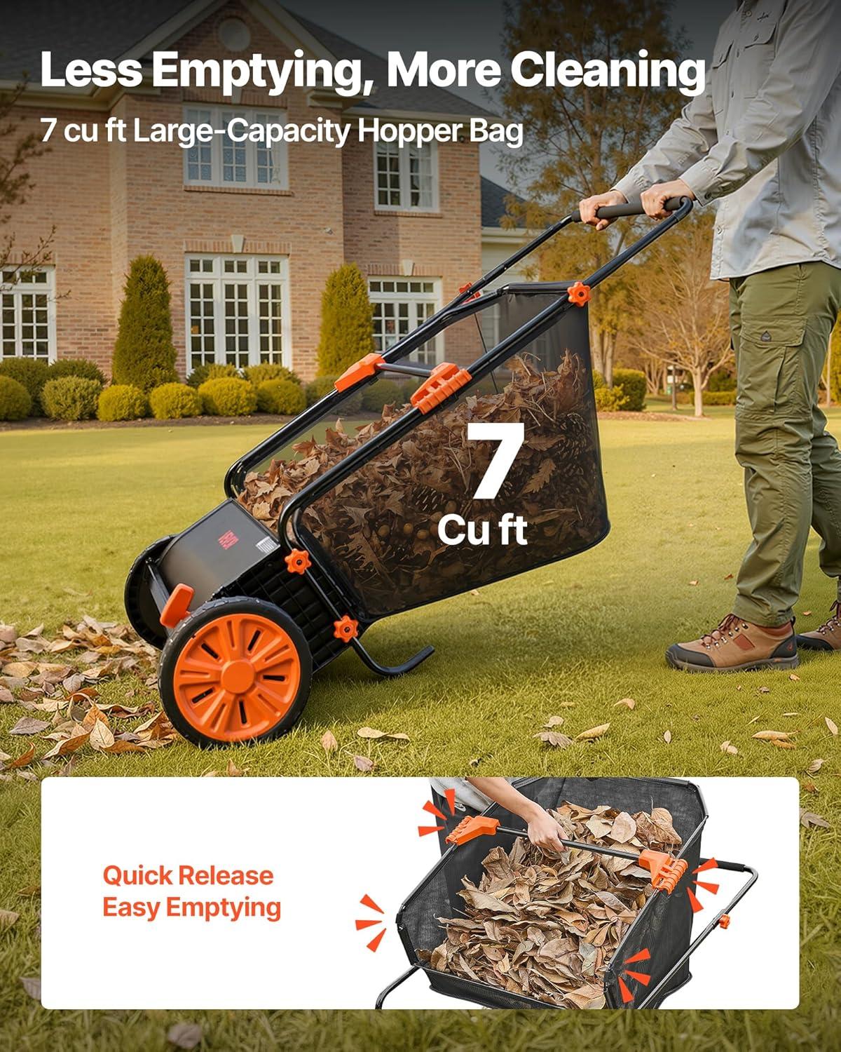 image:imageVEVOR Push Lawn Sweeper 26 in Leaf amp Grass Collector with 7 cu ft Hopper Bag Adjustable Brush Height amp Spinning Brushes Heavy Duty Yard Sweeper with Rubber Wheels for Leaves Grass Cleanup26 inch Upgraded Version