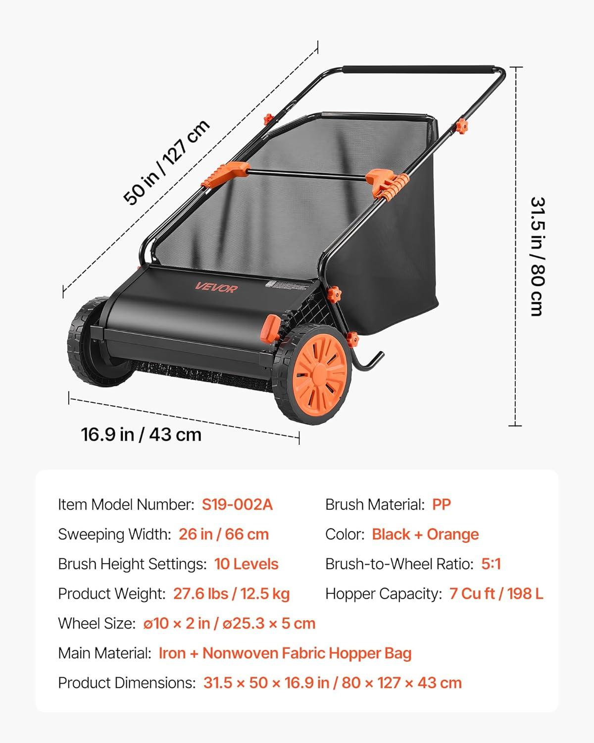 image:imageVEVOR Push Lawn Sweeper 26 in Leaf amp Grass Collector with 7 cu ft Hopper Bag Adjustable Brush Height amp Spinning Brushes Heavy Duty Yard Sweeper with Rubber Wheels for Leaves Grass Cleanup26 inch Upgraded Version