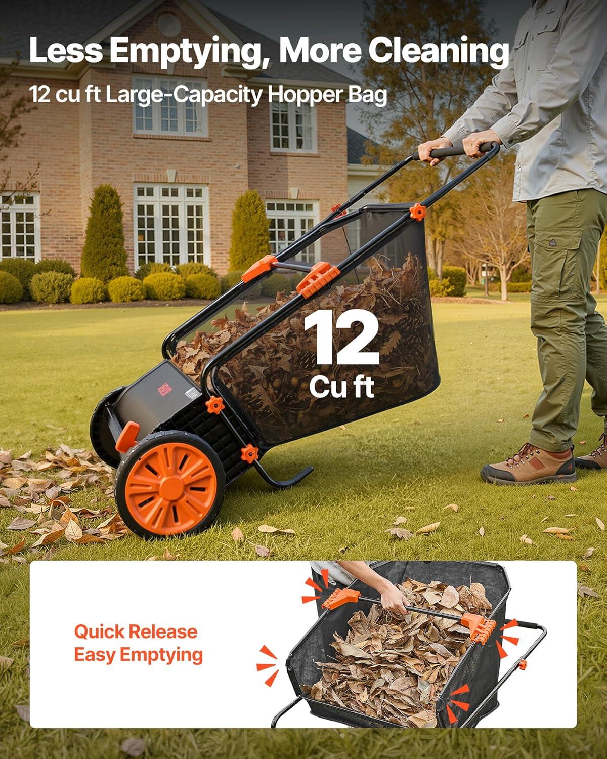 image:imageVEVOR Push Lawn Sweeper 26 in Leaf amp Grass Collector with 7 cu ft Hopper Bag Adjustable Brush Height amp Spinning Brushes Heavy Duty Yard Sweeper with Rubber Wheels for Leaves Grass Cleanup30 inch Upgraded Version