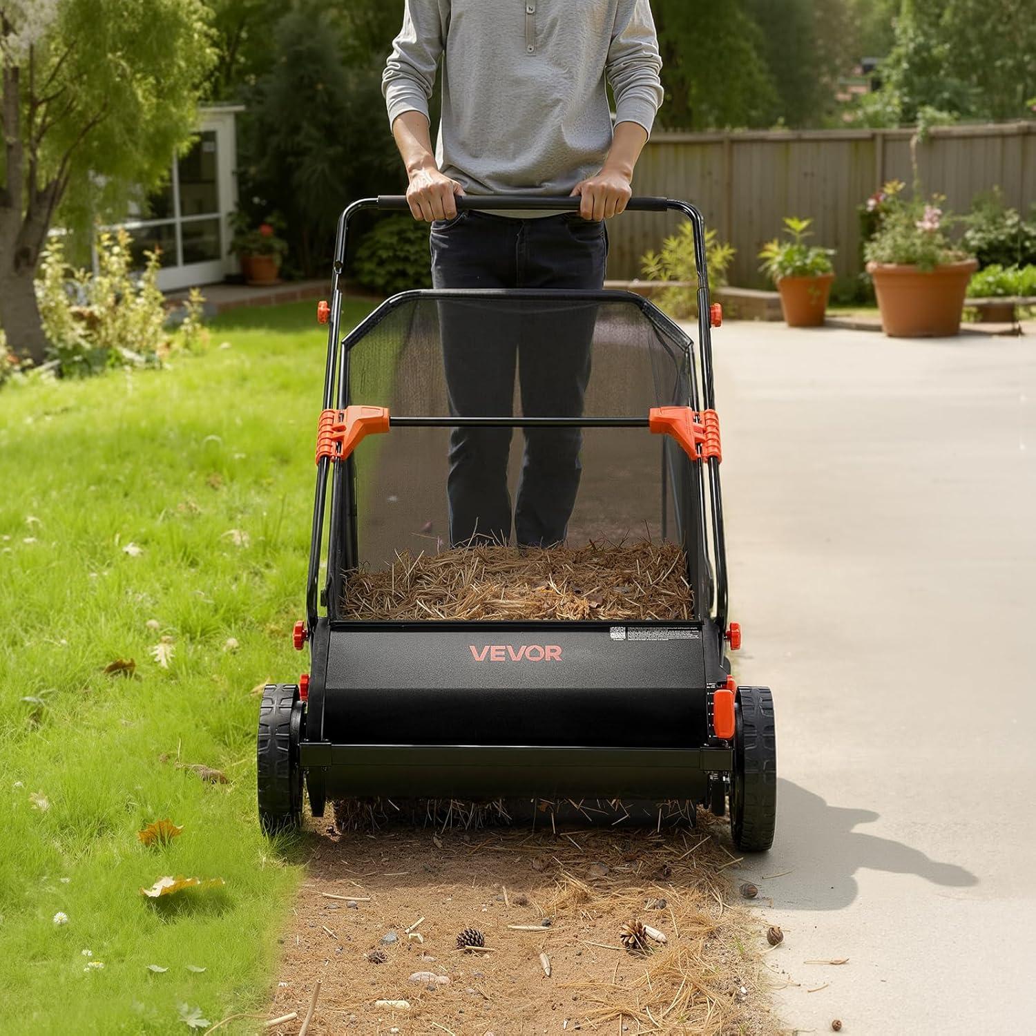 image:imageVEVOR Push Lawn Sweeper 26 in Leaf amp Grass Collector with 7 cu ft Hopper Bag Adjustable Brush Height amp Spinning Brushes Heavy Duty Yard Sweeper with Rubber Wheels for Leaves Grass Cleanup26 inch Upgraded Version