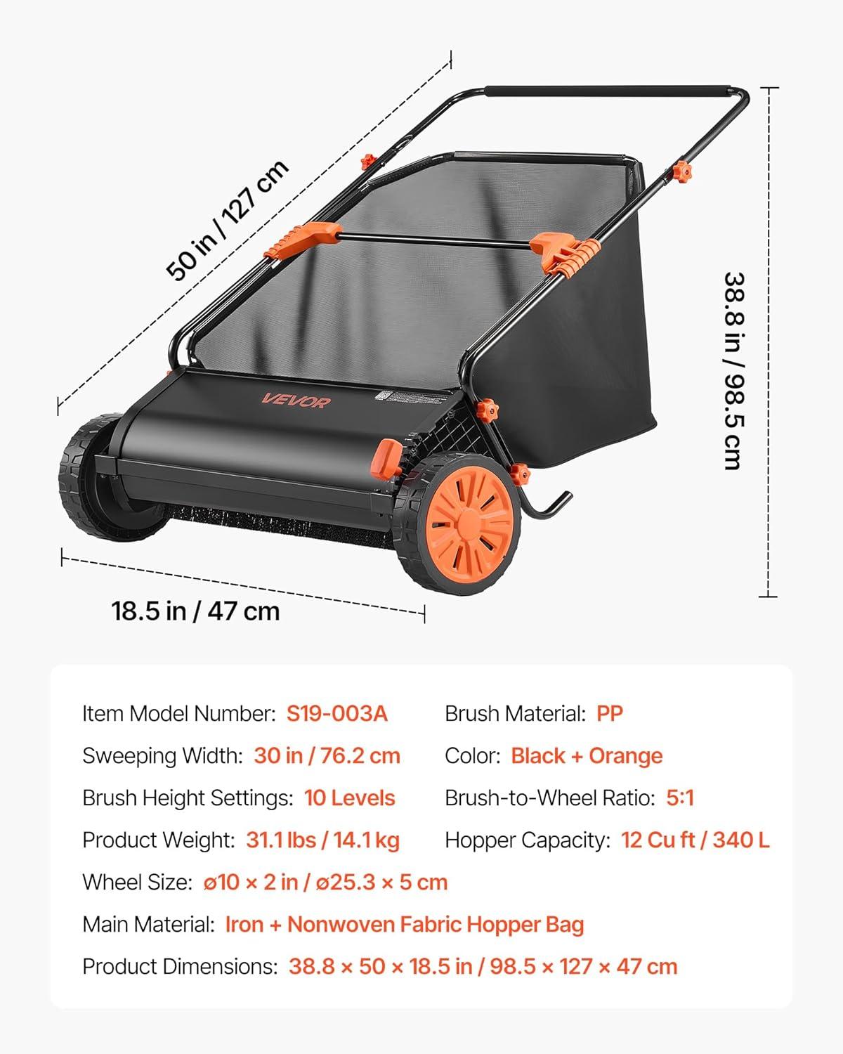 image:imageVEVOR Push Lawn Sweeper 26 in Leaf amp Grass Collector with 7 cu ft Hopper Bag Adjustable Brush Height amp Spinning Brushes Heavy Duty Yard Sweeper with Rubber Wheels for Leaves Grass Cleanup30 inch Upgraded Version