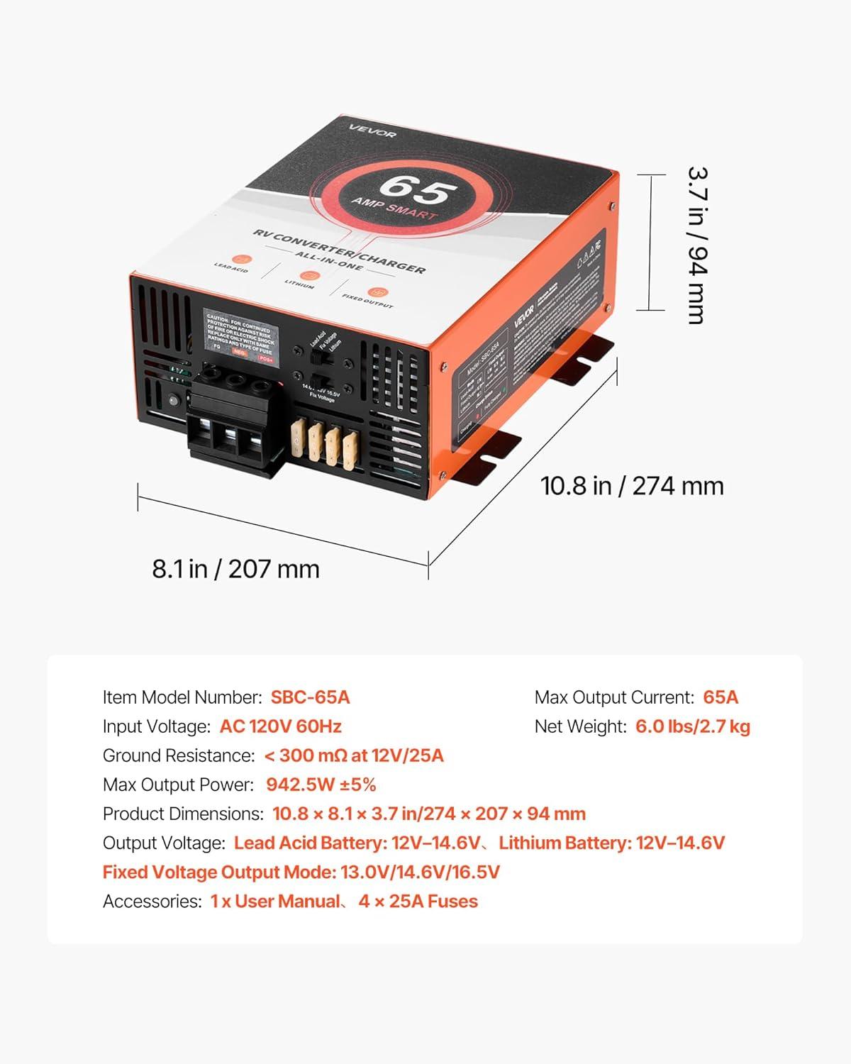 image:imageVEVOR RV Power Converter 65 Amp 110V AC to 12V DC RV Converter Battery Charger Multi Stage Smart Charging 13V to 165V Operating Range Compatible with Lithium amp Lead Acid Battery for Camper65 AMP