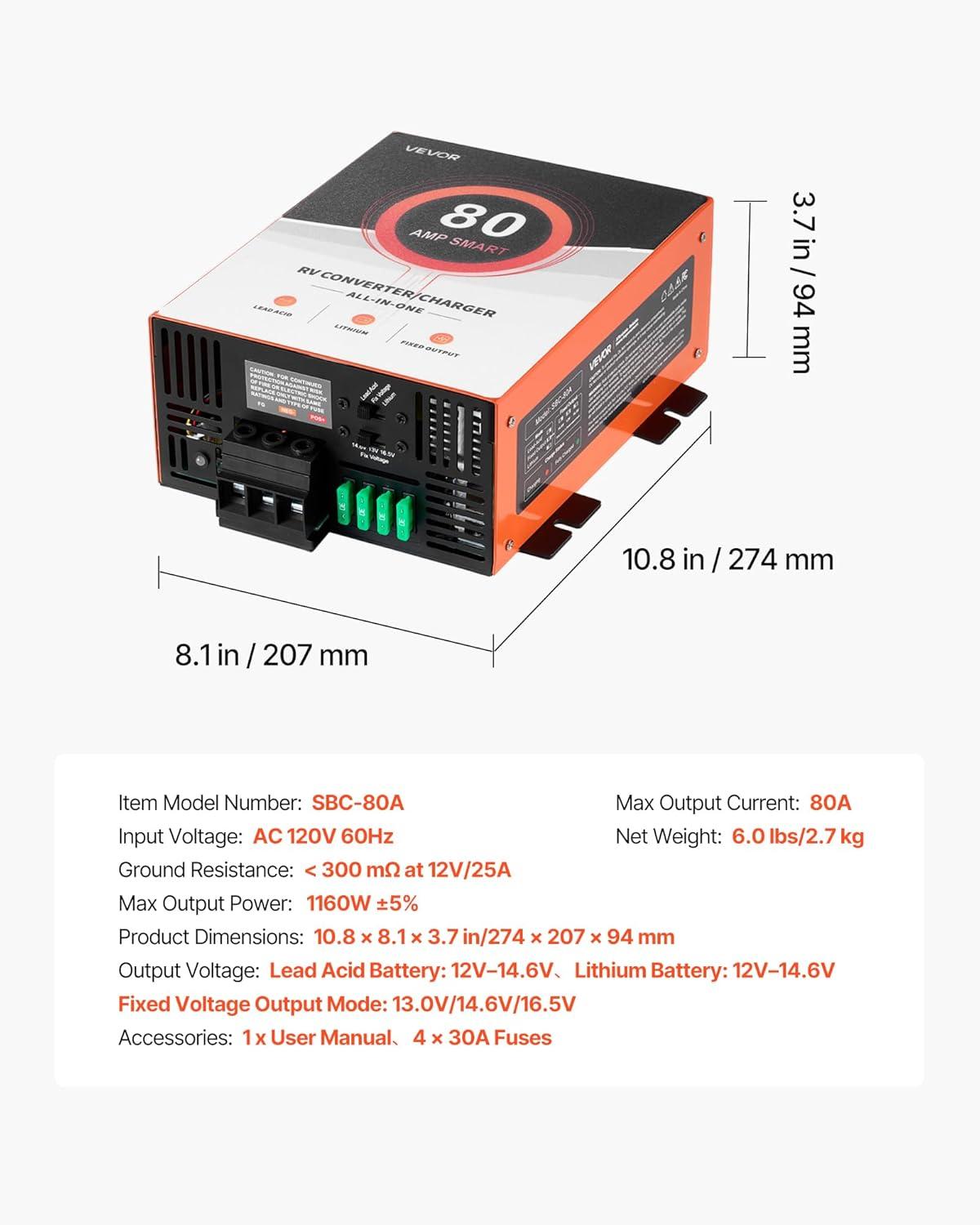 image:imageVEVOR RV Power Converter 65 Amp 110V AC to 12V DC RV Converter Battery Charger Multi Stage Smart Charging 13V to 165V Operating Range Compatible with Lithium amp Lead Acid Battery for Camper80 AMP