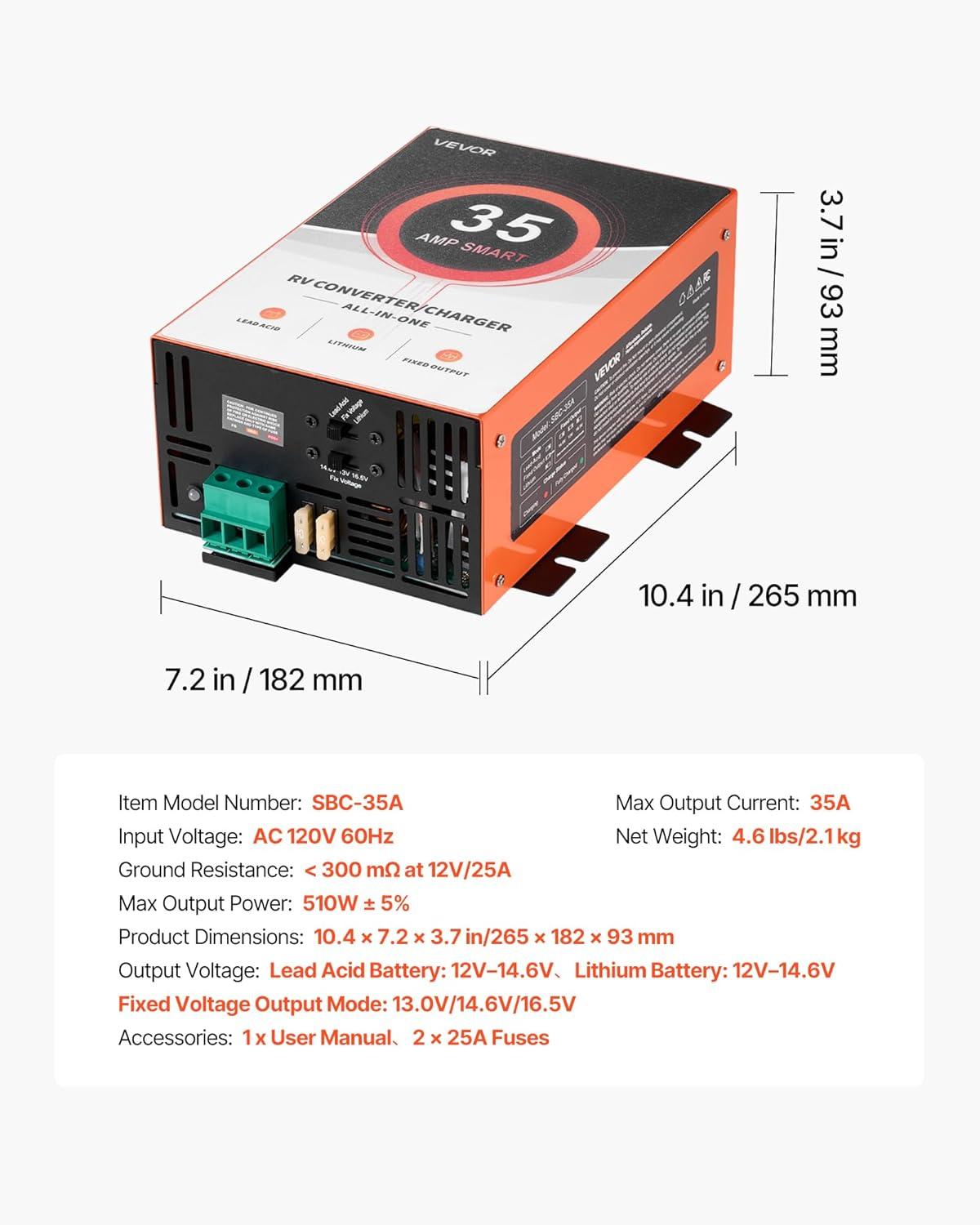 image:imageVEVOR RV Power Converter 65 Amp 110V AC to 12V DC RV Converter Battery Charger Multi Stage Smart Charging 13V to 165V Operating Range Compatible with Lithium amp Lead Acid Battery for Camper35 AMP