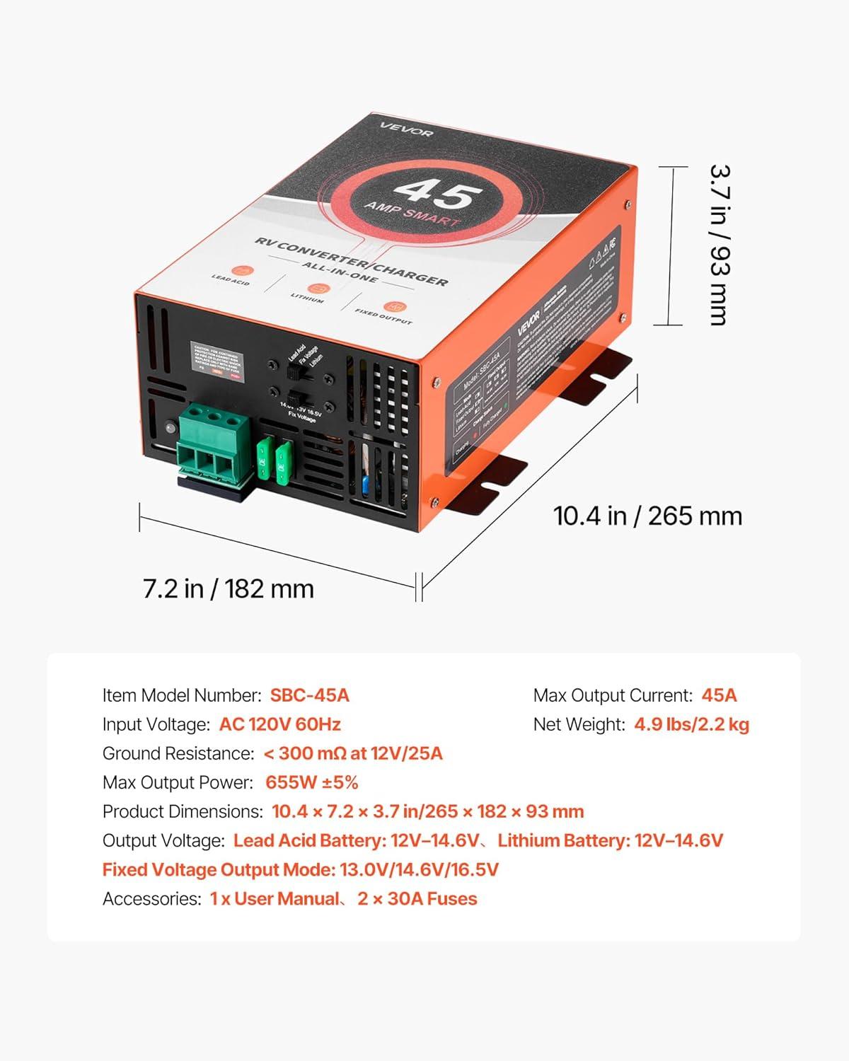 image:imageVEVOR RV Power Converter 65 Amp 110V AC to 12V DC RV Converter Battery Charger Multi Stage Smart Charging 13V to 165V Operating Range Compatible with Lithium amp Lead Acid Battery for Camper45 AMP