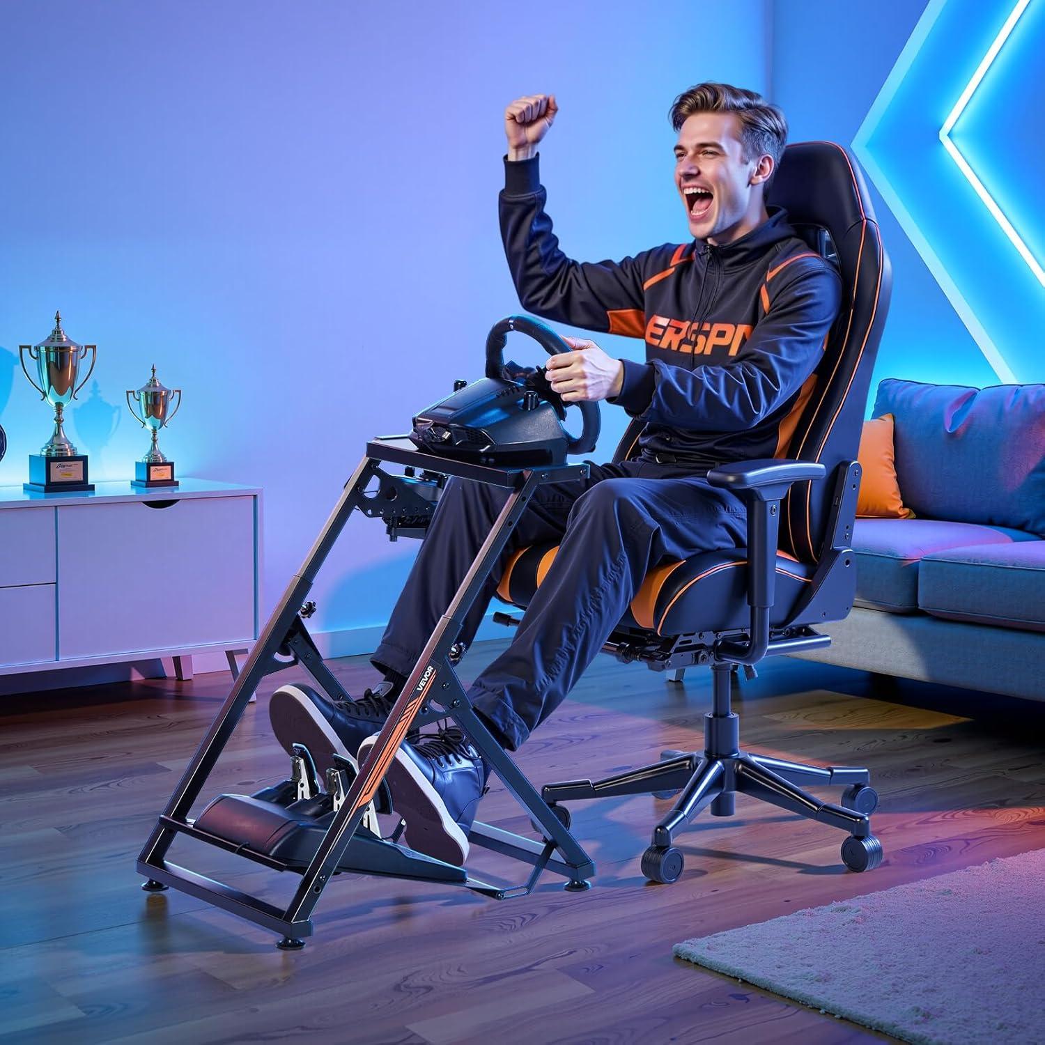 image:imageVEVOR Racing Wheel Stand HeavyDuty Simulator Cockpit Steering Stand with DualRail DualArm Fit Logitech G25G27G29G920G923 Thrustmaster T300RSTX F458T500RST3PAPRO F1GT and CSR PedalsXshaped lite