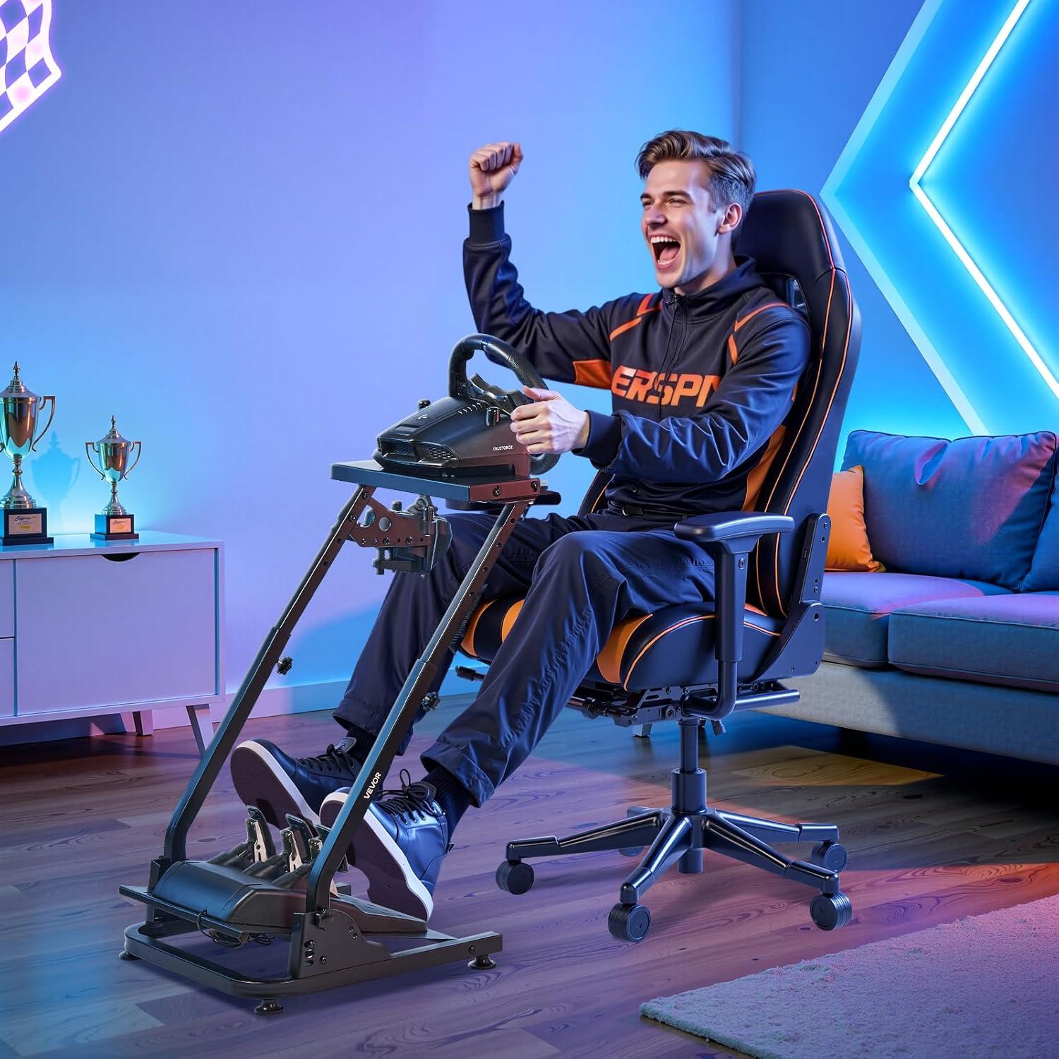 image:imageVEVOR Racing Wheel Stand HeavyDuty Simulator Cockpit Steering Stand with DualRail DualArm Fit Logitech G25G27G29G920G923 Thrustmaster T300RSTX F458T500RST3PAPRO F1GT and CSR PedalsLshaped