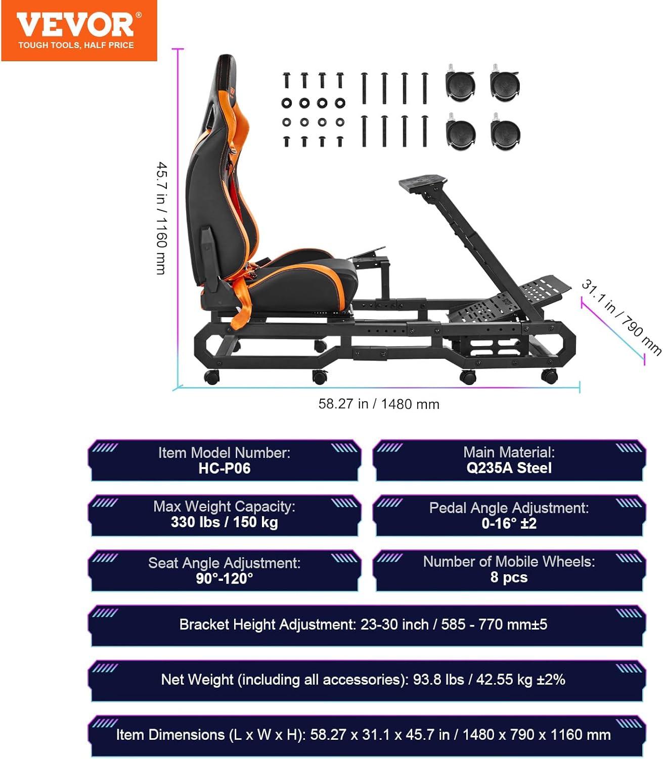 image:imageVEVOR Racing Wheel Stand Racing Cockpit with Wheels for Logitech G923 G920 G29 amp Thrustmaster T248P Heavy Duty Steel Adjustable Cockpit Max Load 330 LBSLarge Base with Wheels