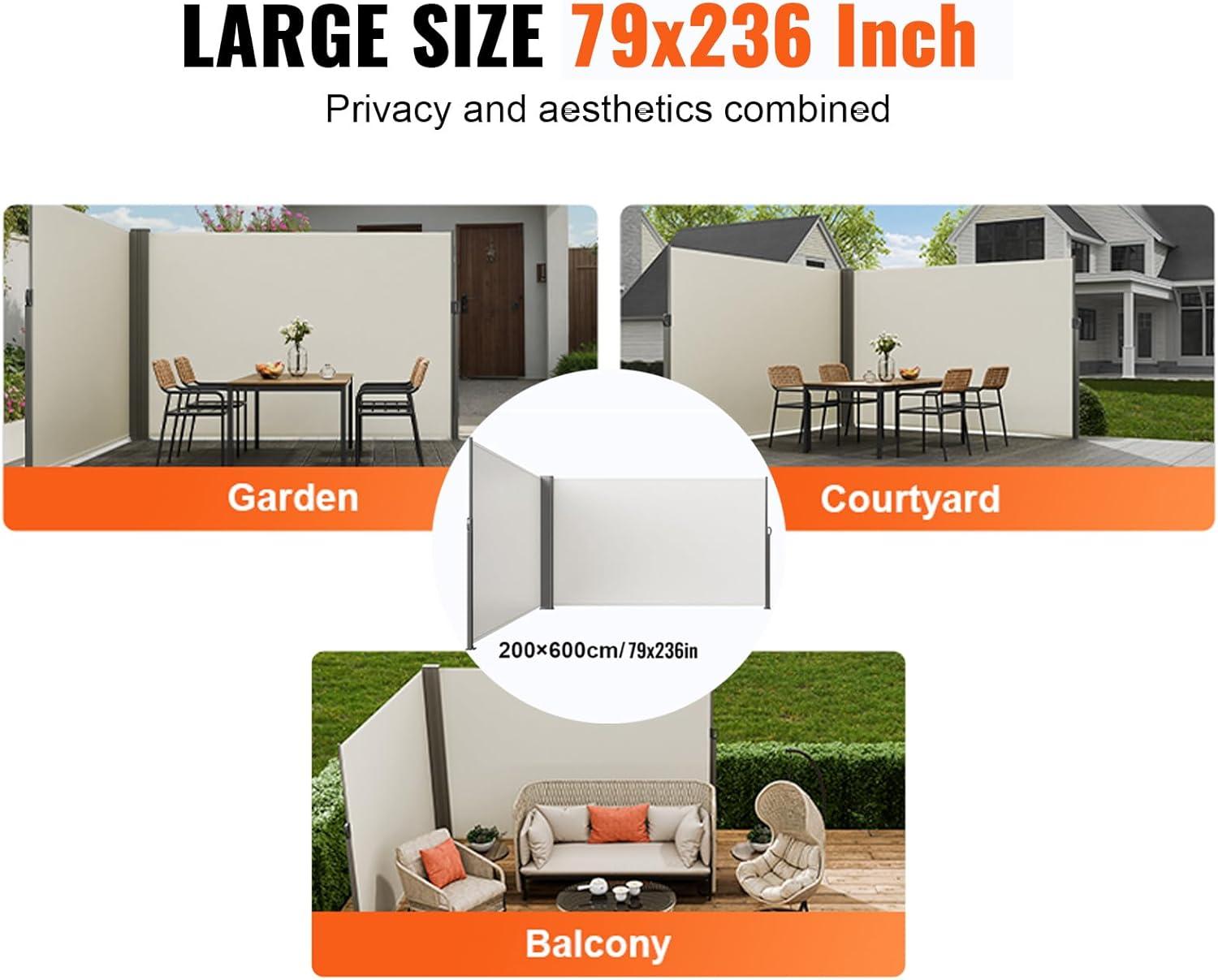 image:imageVEVOR Retractable Side Awning 71 x 118 Patio Retractable Side Screen with 180 gm Polyester Fabric Waterproof Sunshade Outdoor Privacy Screen Room Divider for Garden Balcony Pools Deck GrayBeige