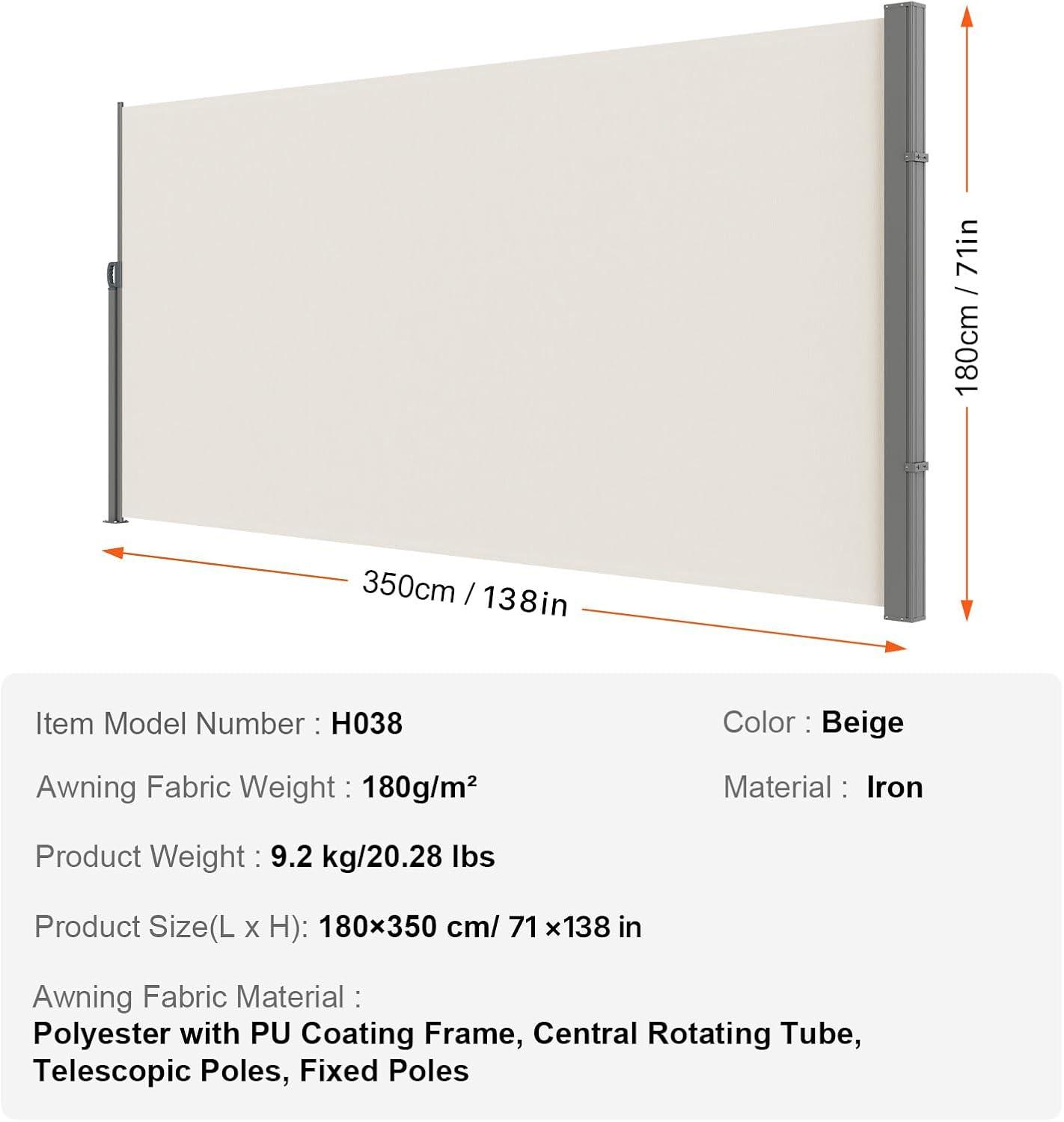 image:imageVEVOR Retractable Side Awning 71 x 118 Patio Retractable Side Screen with 180 gm Polyester Fabric Waterproof Sunshade Outdoor Privacy Screen Room Divider for Garden Balcony Pools Deck GrayBeige