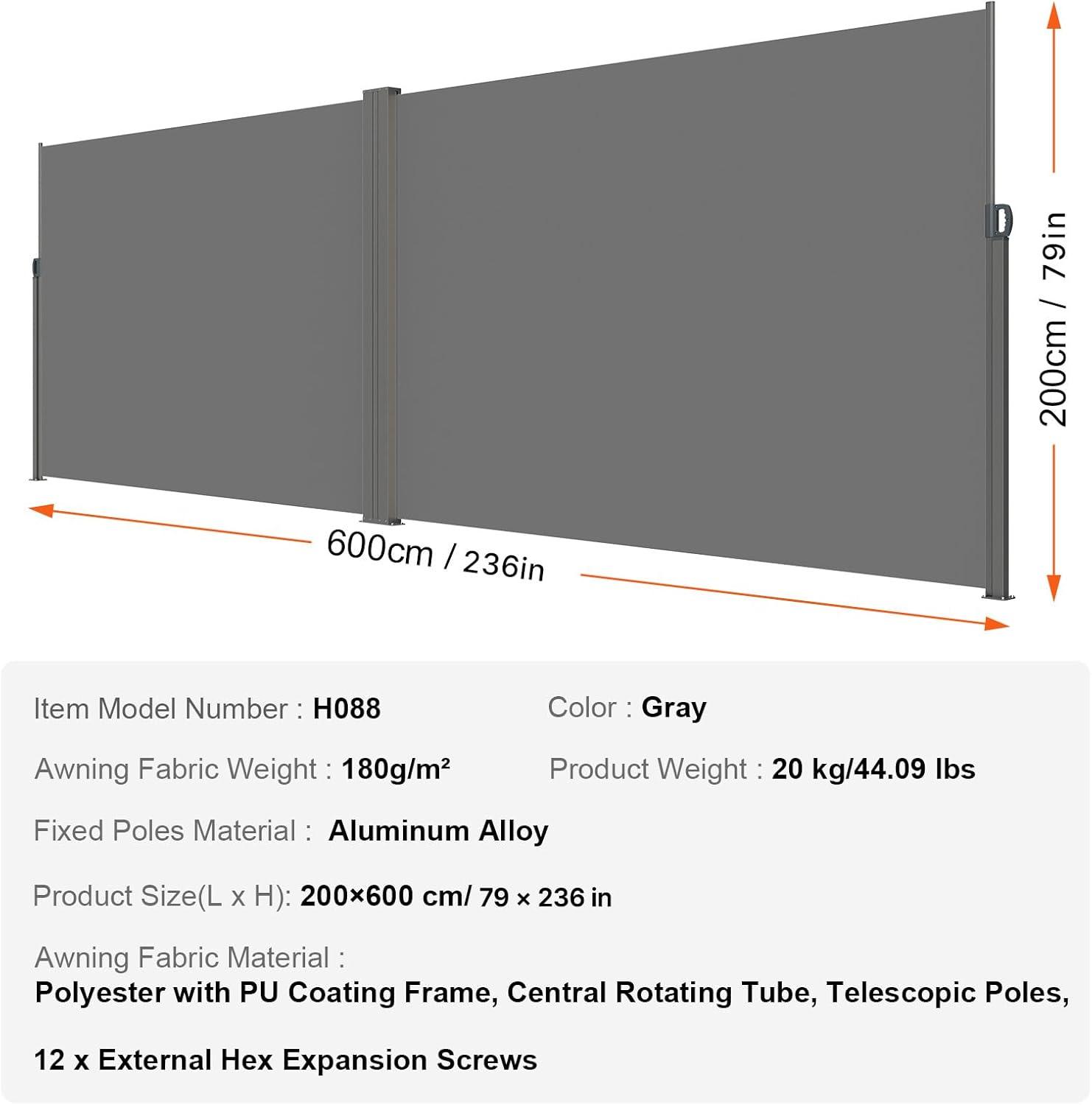 image:imageVEVOR Retractable Side Awning 71 x 118 Patio Retractable Side Screen with 180 gm Polyester Fabric Waterproof Sunshade Outdoor Privacy Screen Room Divider for Garden Balcony Pools Deck GrayGray