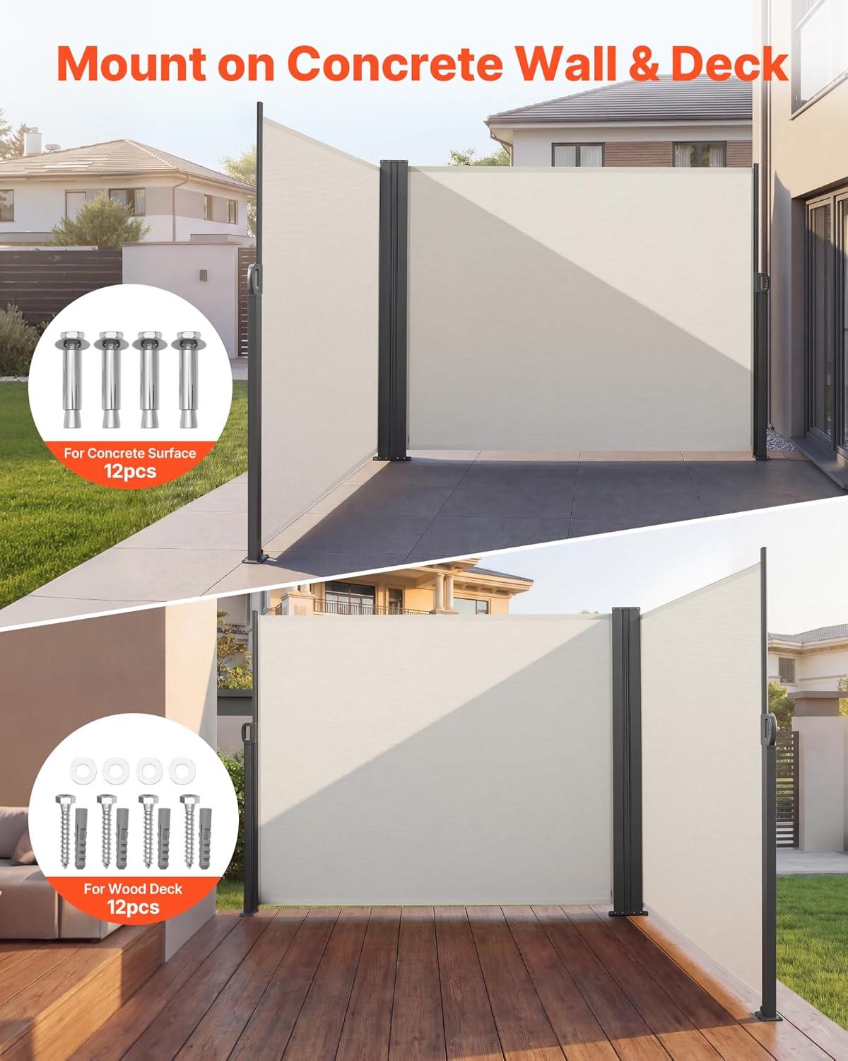 image:imageVEVOR Retractable Side Awning 71 x 118 Patio Retractable Side Screen with 180 gm Polyester Fabric Waterproof Sunshade Outdoor Privacy Screen Room Divider for Garden Balcony Pools Deck GrayBeige