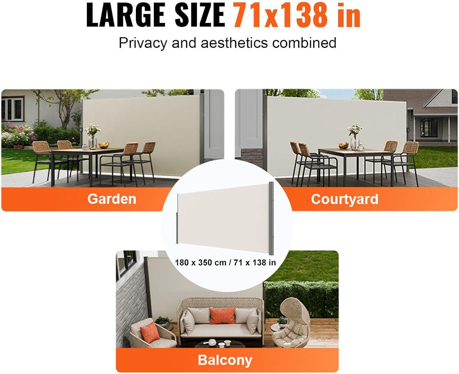 image:imageVEVOR Retractable Side Awning 71 x 118 Patio Retractable Side Screen with 180 gm Polyester Fabric Waterproof Sunshade Outdoor Privacy Screen Room Divider for Garden Balcony Pools Deck GrayBeige