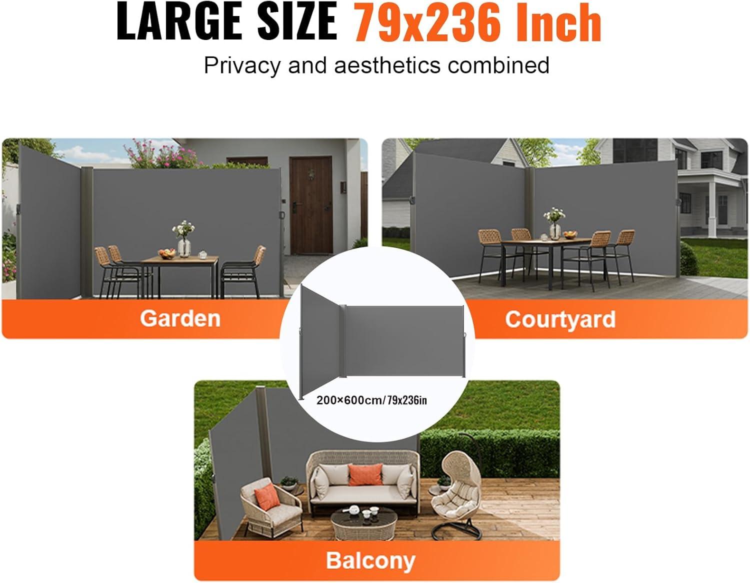 image:imageVEVOR Retractable Side Awning 71 x 118 Patio Retractable Side Screen with 180 gm Polyester Fabric Waterproof Sunshade Outdoor Privacy Screen Room Divider for Garden Balcony Pools Deck GrayGray