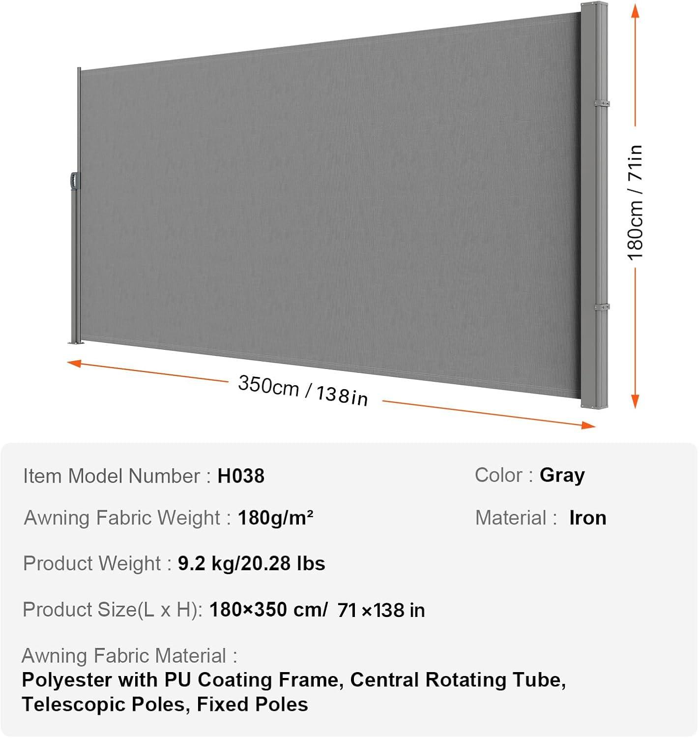 image:imageVEVOR Retractable Side Awning 71 x 118 Patio Retractable Side Screen with 180 gm Polyester Fabric Waterproof Sunshade Outdoor Privacy Screen Room Divider for Garden Balcony Pools Deck GrayGray