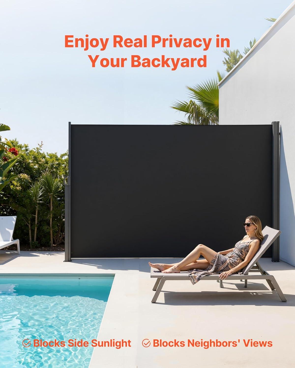 image:imageVEVOR Retractable Side Awning 71 x 118 Patio Retractable Side Screen with 180 gm Polyester Fabric Waterproof Sunshade Outdoor Privacy Screen Room Divider for Garden Balcony Pools Deck GrayBlack