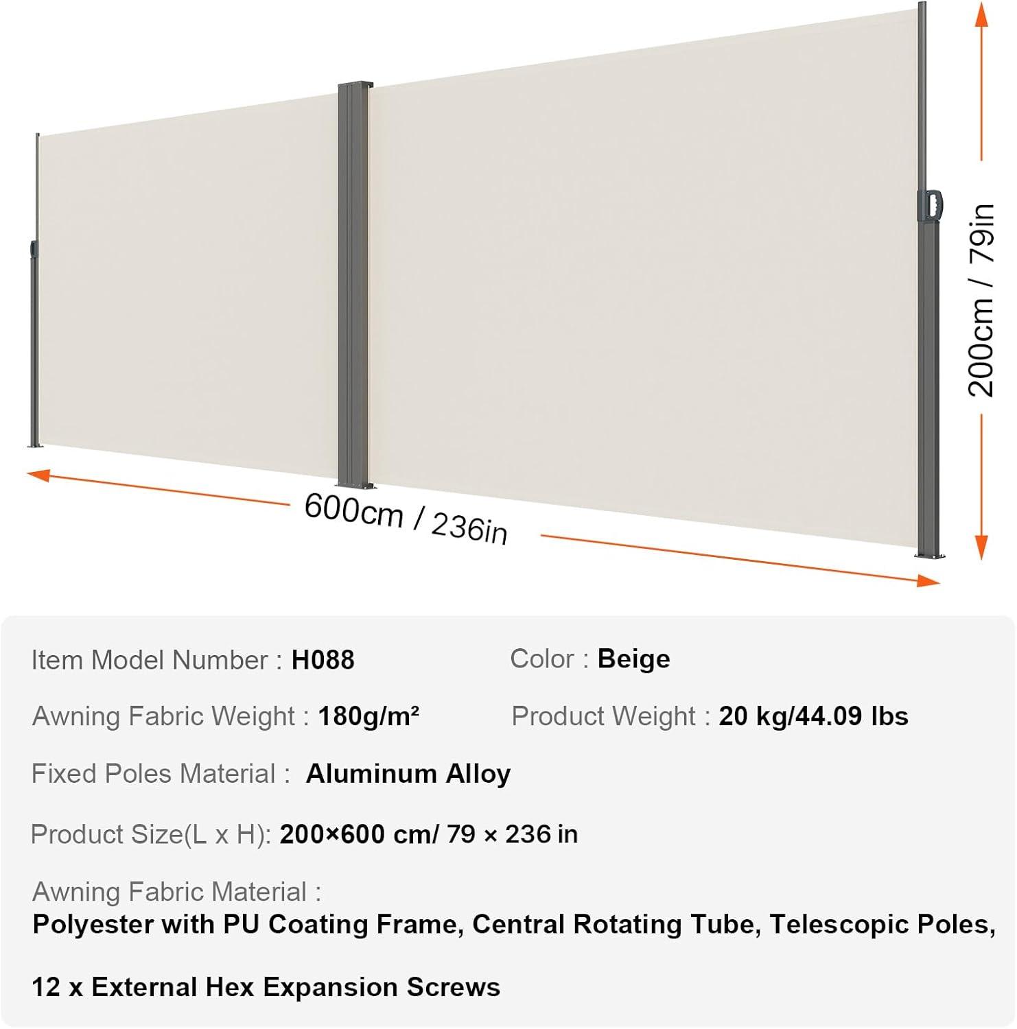 image:imageVEVOR Retractable Side Awning 71 x 118 Patio Retractable Side Screen with 180 gm Polyester Fabric Waterproof Sunshade Outdoor Privacy Screen Room Divider for Garden Balcony Pools Deck GrayBeige