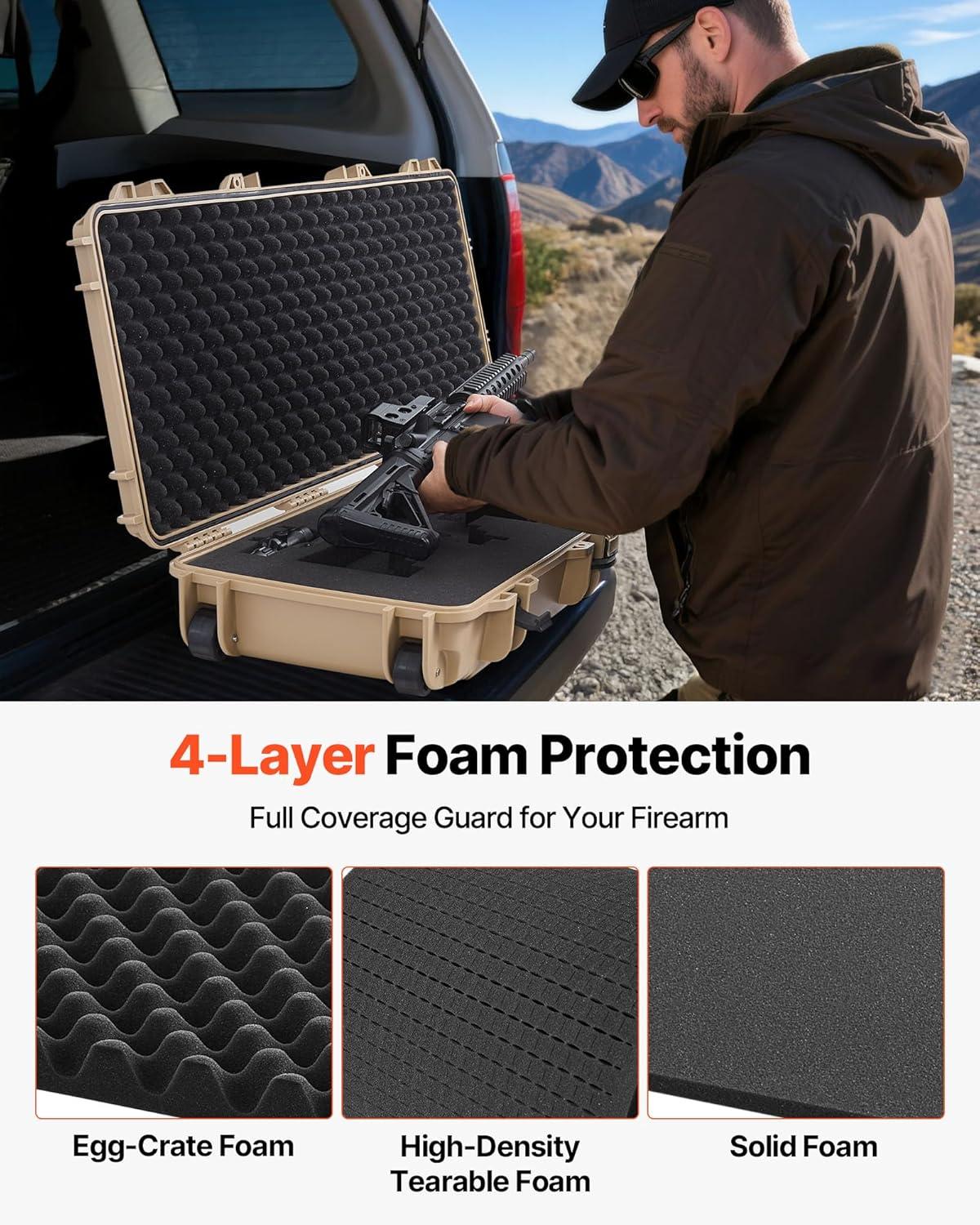 image:imageVEVOR Rifle Case Rifle Hard Case with 4 Layers Fullyprotective Foams Lockable Hard Gun Case with Wheels IP67 Waterproof amp Crushproof for Rifles or ShotgunsKhaki