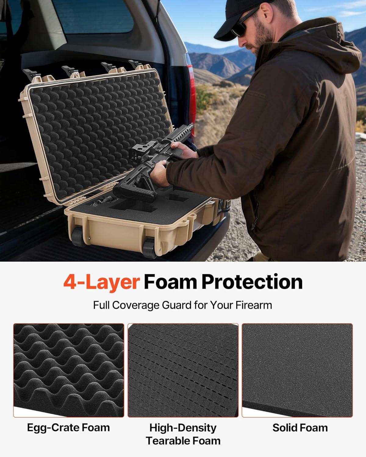 image:imageVEVOR Rifle Case Rifle Hard Case with 4 Layers Fullyprotective Foams Lockable Hard Gun Case with Wheels IP67 Waterproof amp Crushproof for Rifles or ShotgunsKhaki