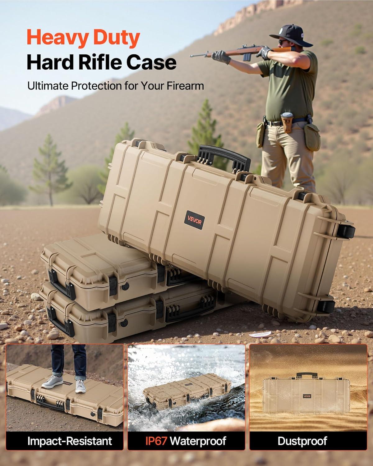 image:imageVEVOR Rifle Case Rifle Hard Case with 4 Layers Fullyprotective Foams Lockable Hard Gun Case with Wheels IP67 Waterproof amp Crushproof for Rifles or ShotgunsKhaki